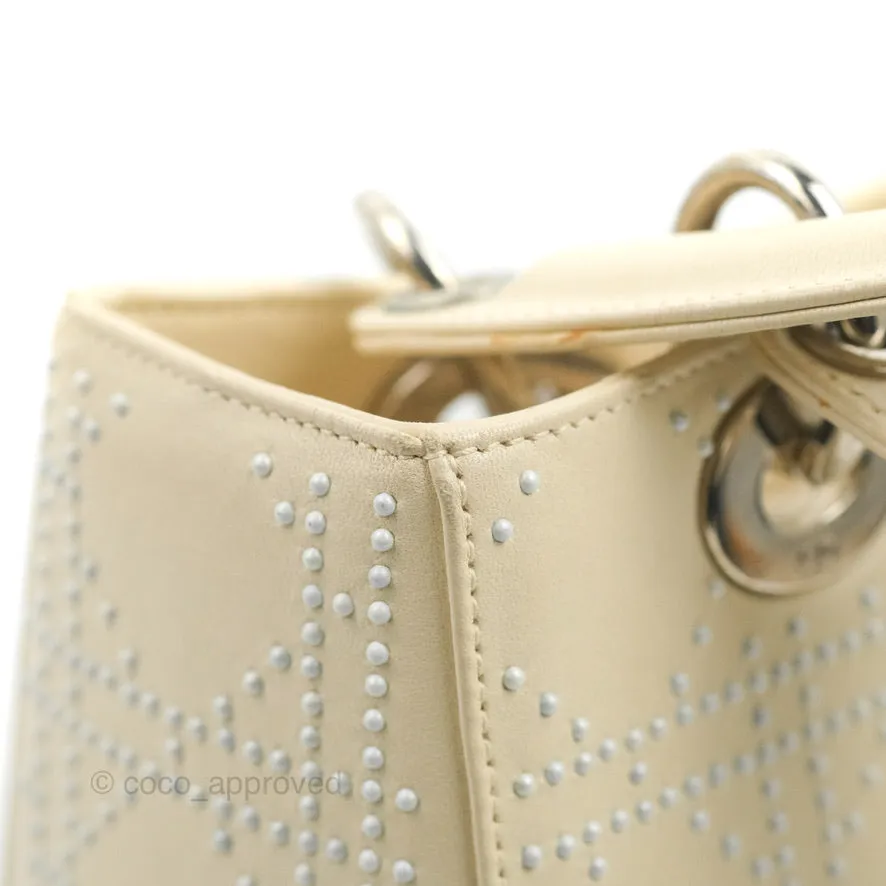 Christian Dior Lady Dior White Studded Light Beige Silver Hardware