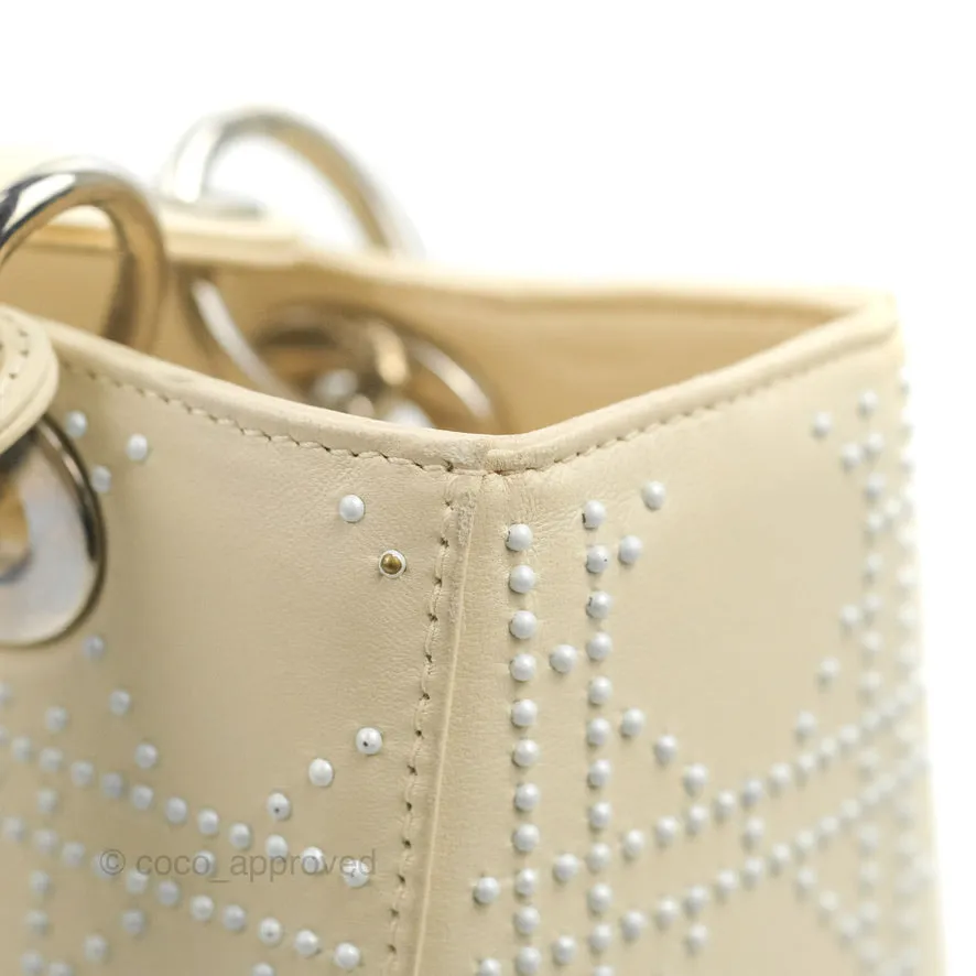 Christian Dior Lady Dior White Studded Light Beige Silver Hardware