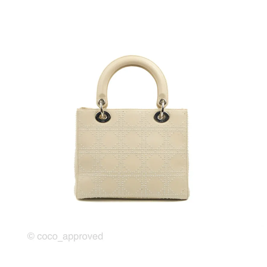 Christian Dior Lady Dior White Studded Light Beige Silver Hardware