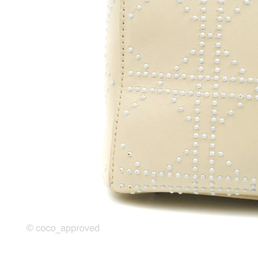 Christian Dior Lady Dior White Studded Light Beige Silver Hardware