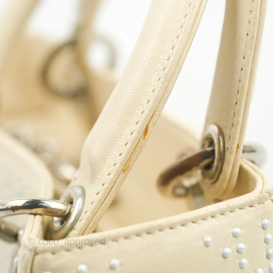 Christian Dior Lady Dior White Studded Light Beige Silver Hardware