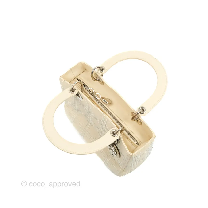 Christian Dior Lady Dior White Studded Light Beige Silver Hardware