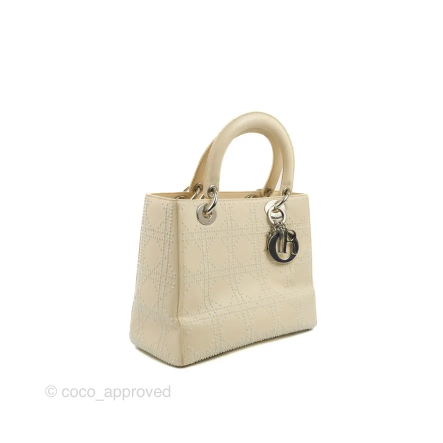 Christian Dior Lady Dior White Studded Light Beige Silver Hardware