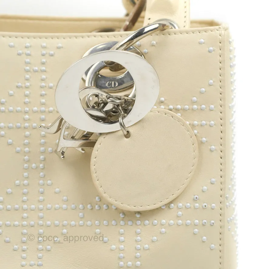 Christian Dior Lady Dior White Studded Light Beige Silver Hardware