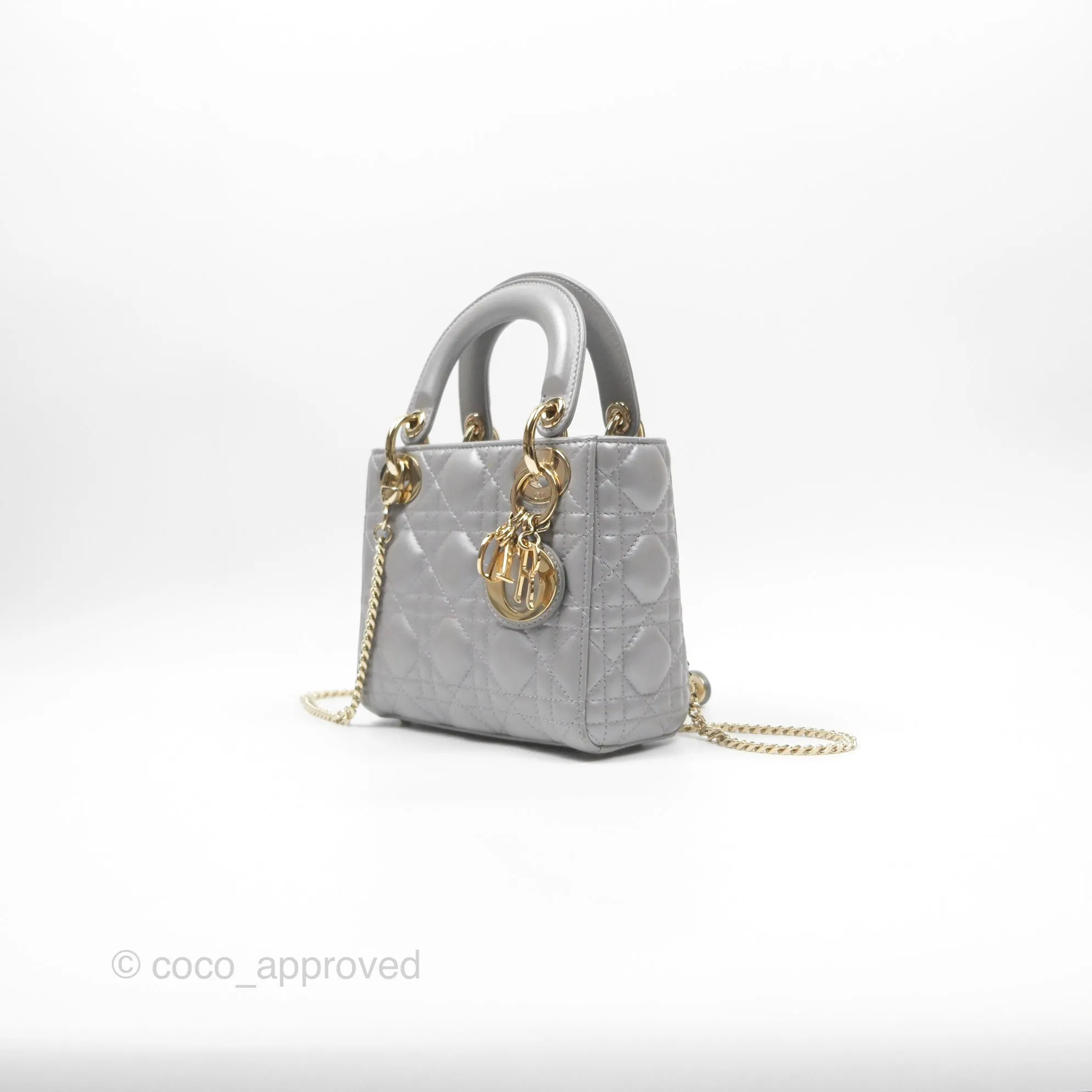 Christian Dior Lambskin Cannage Mini Lady Dior Iridescent Grey Gold Hardware