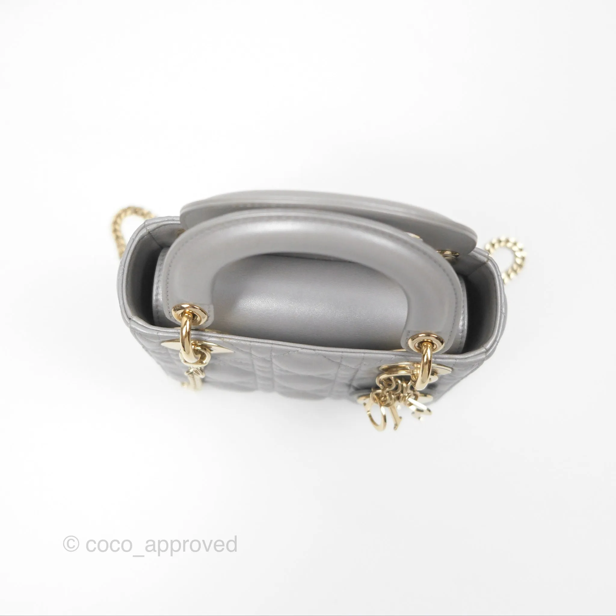 Christian Dior Lambskin Cannage Mini Lady Dior Iridescent Grey Gold Hardware
