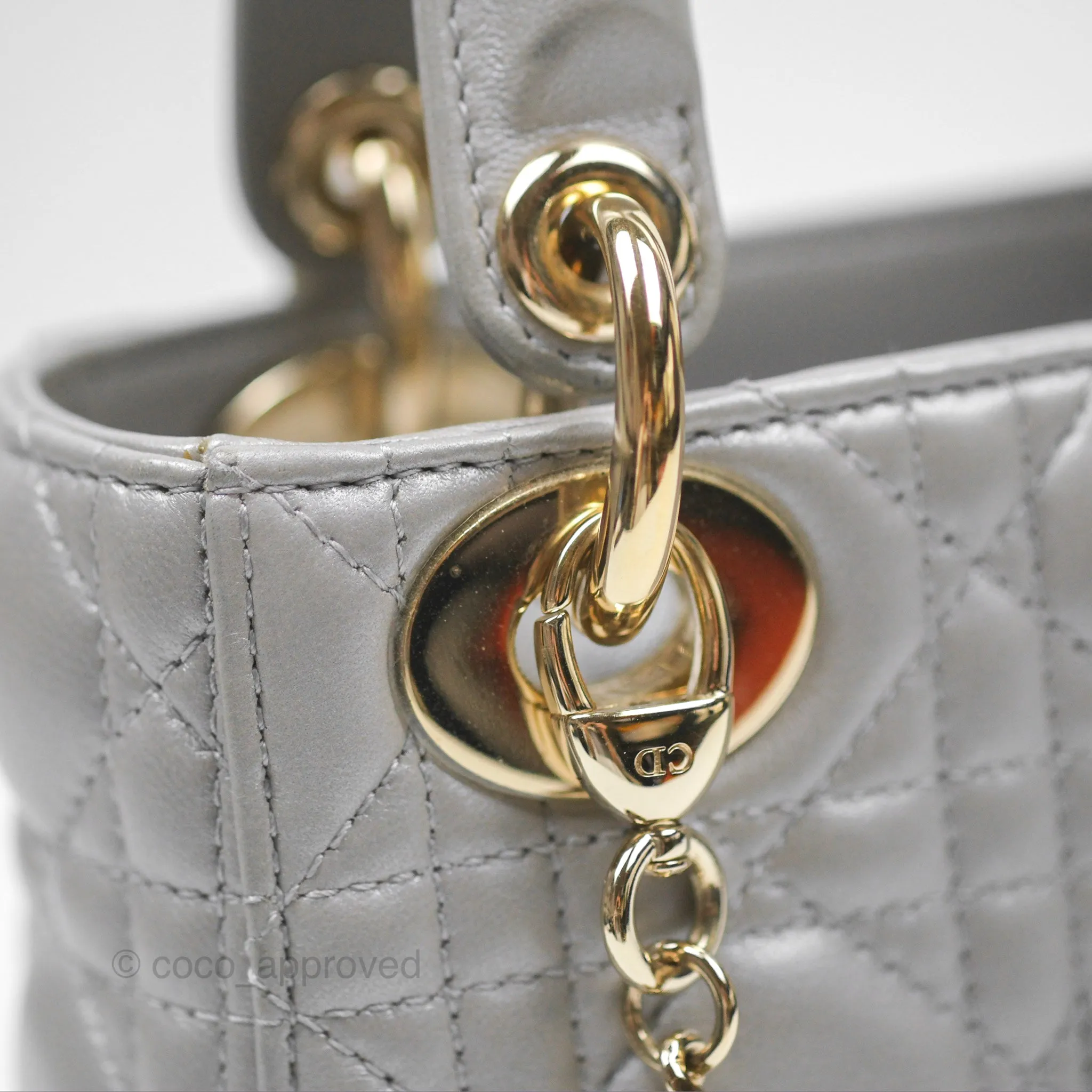 Christian Dior Lambskin Cannage Mini Lady Dior Iridescent Grey Gold Hardware