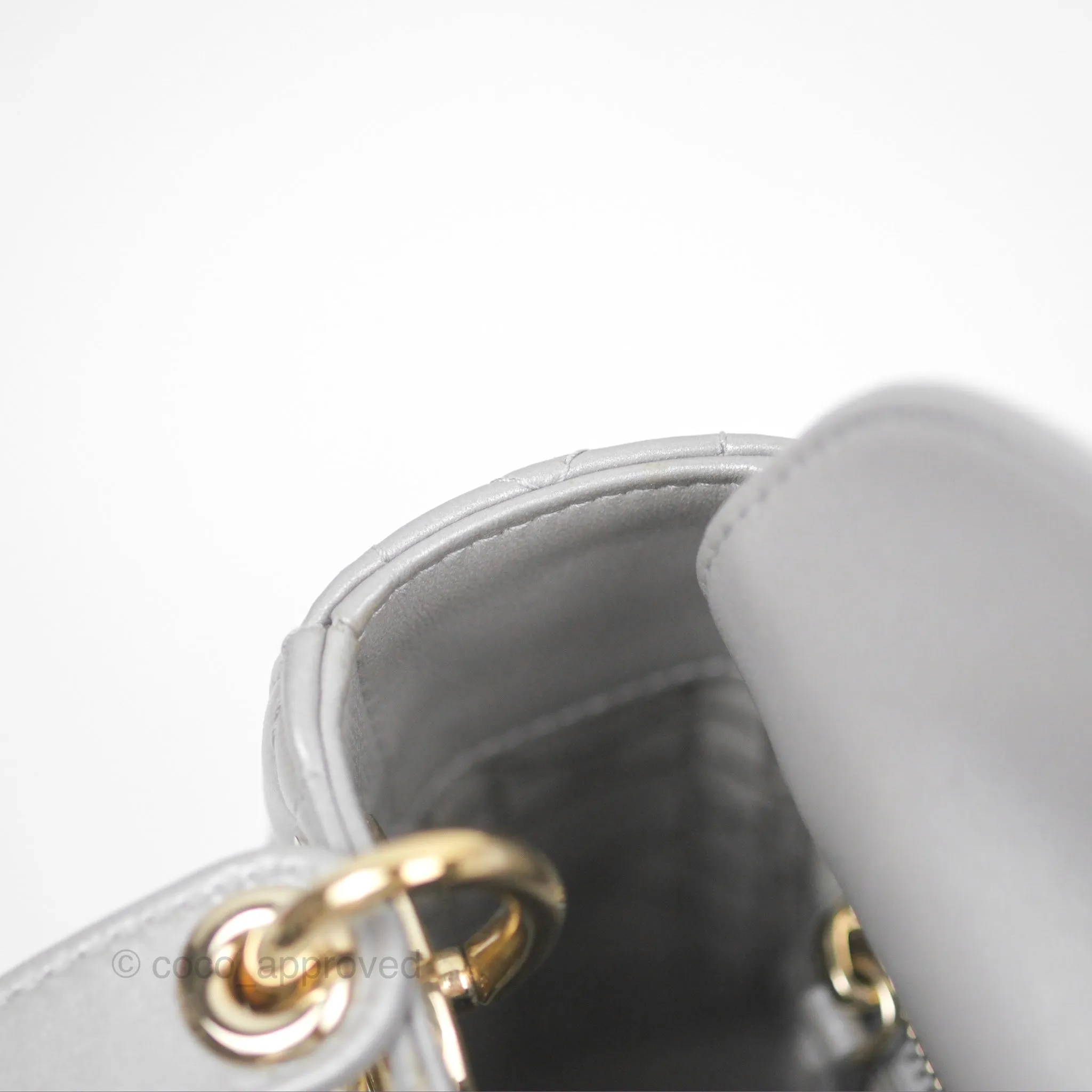 Christian Dior Lambskin Cannage Mini Lady Dior Iridescent Grey Gold Hardware
