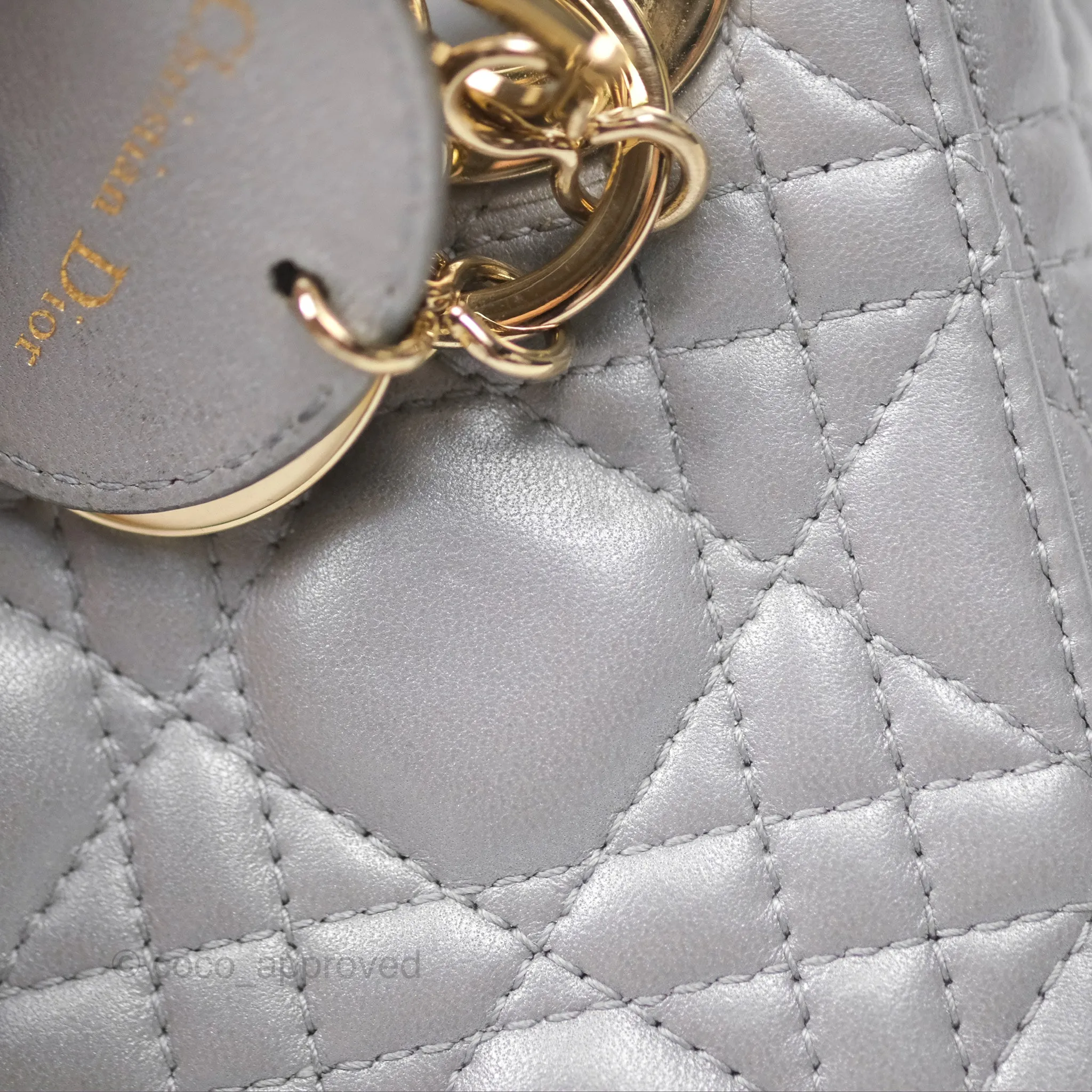 Christian Dior Lambskin Cannage Mini Lady Dior Iridescent Grey Gold Hardware