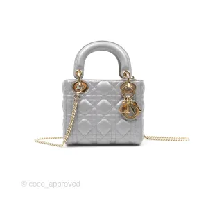 Christian Dior Lambskin Cannage Mini Lady Dior Iridescent Grey Gold Hardware