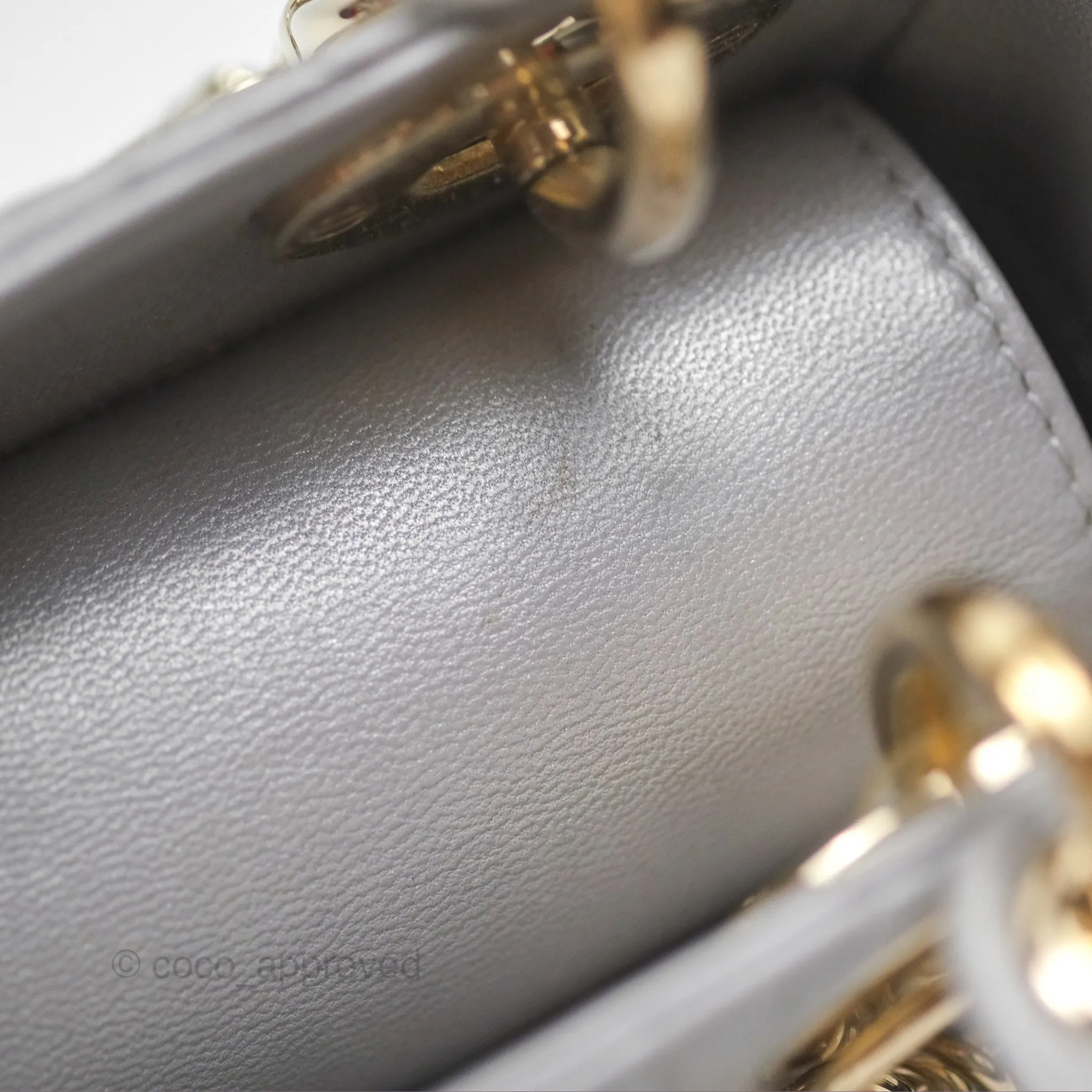 Christian Dior Lambskin Cannage Mini Lady Dior Iridescent Grey Gold Hardware