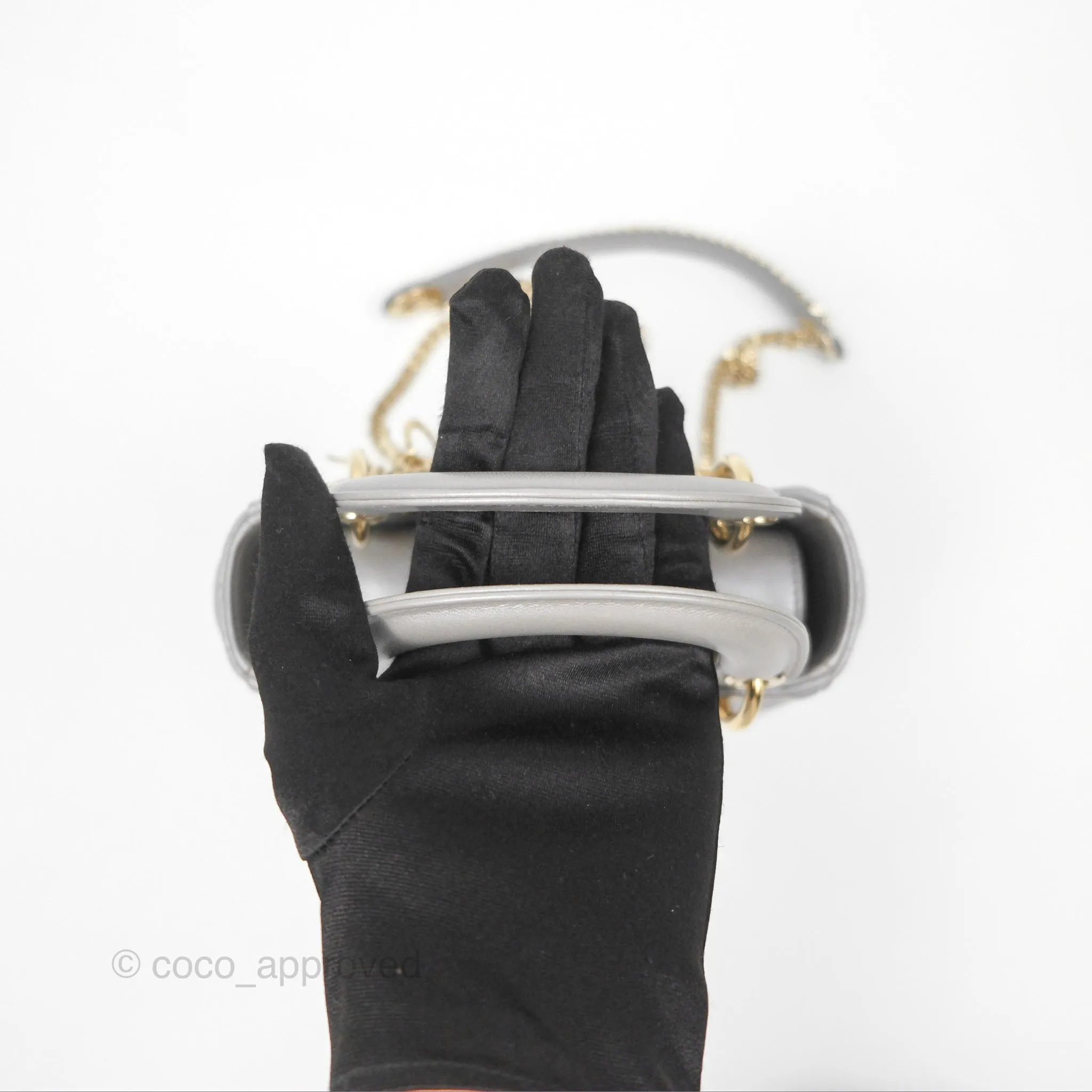 Christian Dior Lambskin Cannage Mini Lady Dior Iridescent Grey Gold Hardware