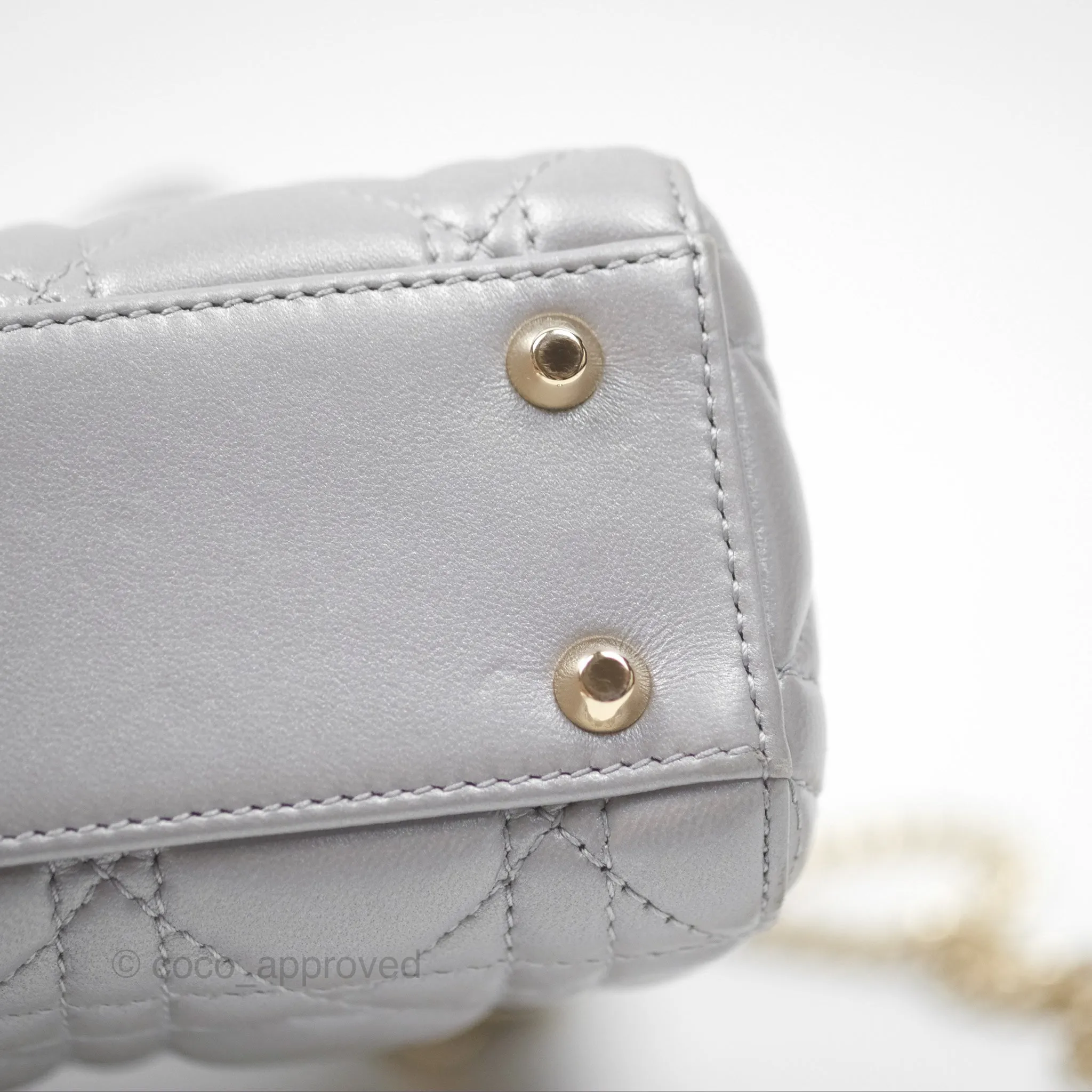 Christian Dior Lambskin Cannage Mini Lady Dior Iridescent Grey Gold Hardware