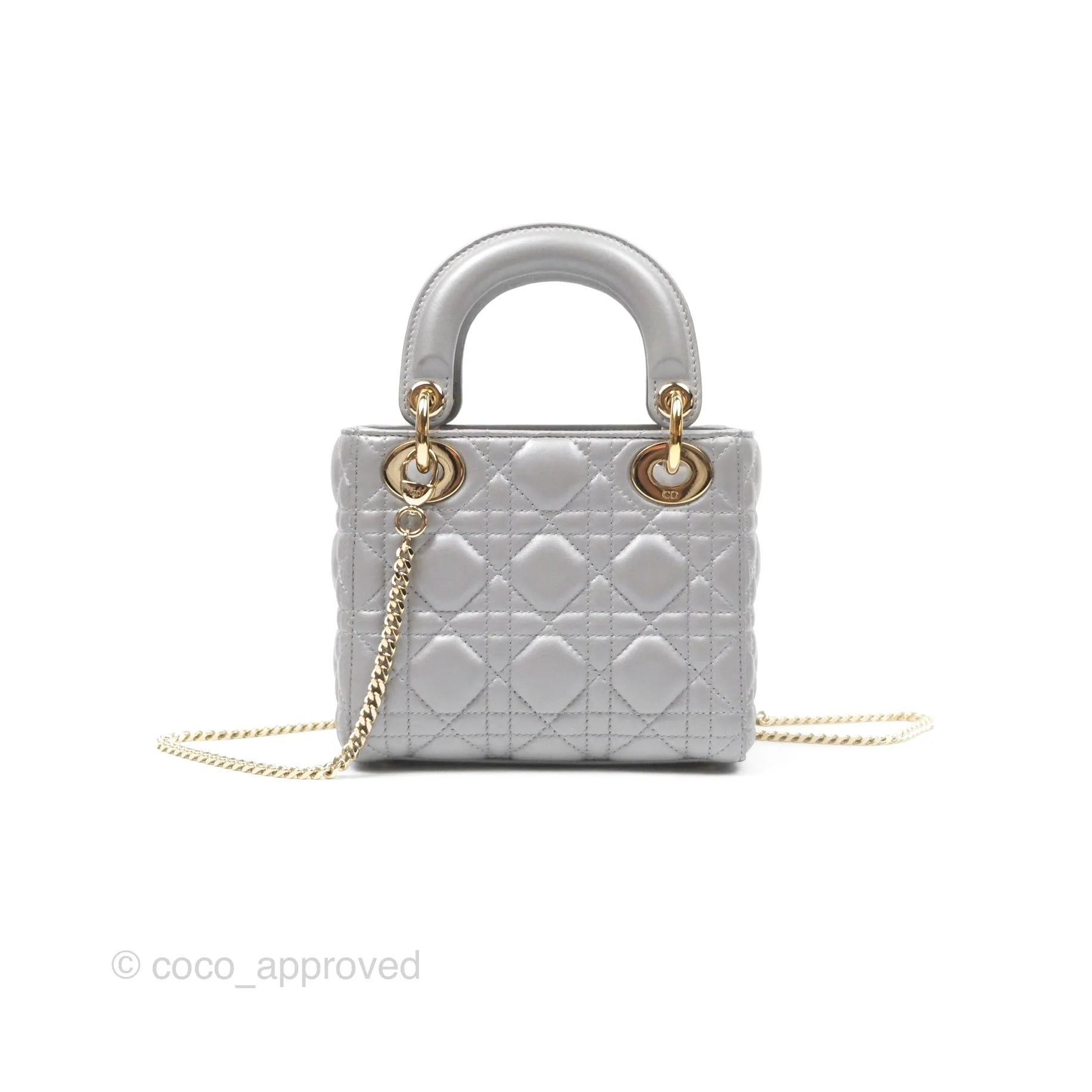 Christian Dior Lambskin Cannage Mini Lady Dior Iridescent Grey Gold Hardware