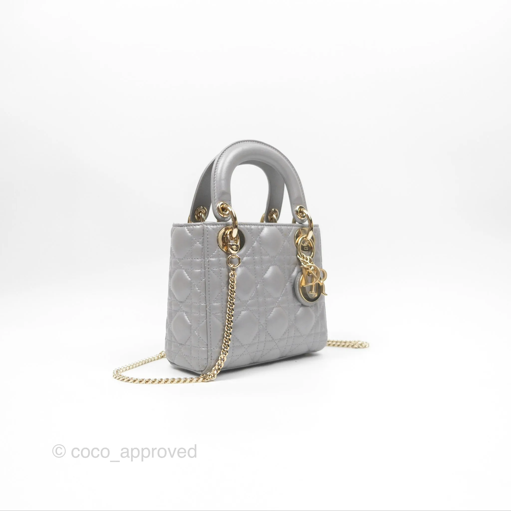 Christian Dior Lambskin Cannage Mini Lady Dior Iridescent Grey Gold Hardware