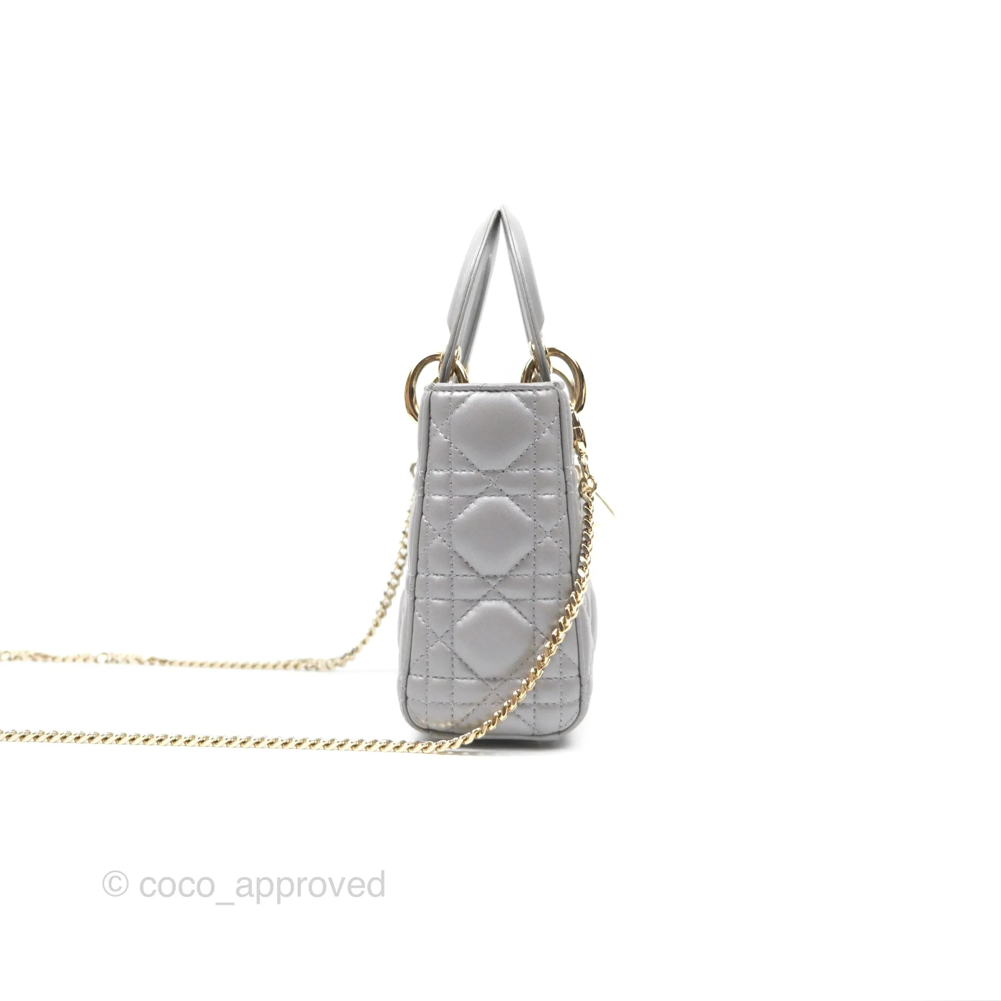 Christian Dior Lambskin Cannage Mini Lady Dior Iridescent Grey Gold Hardware