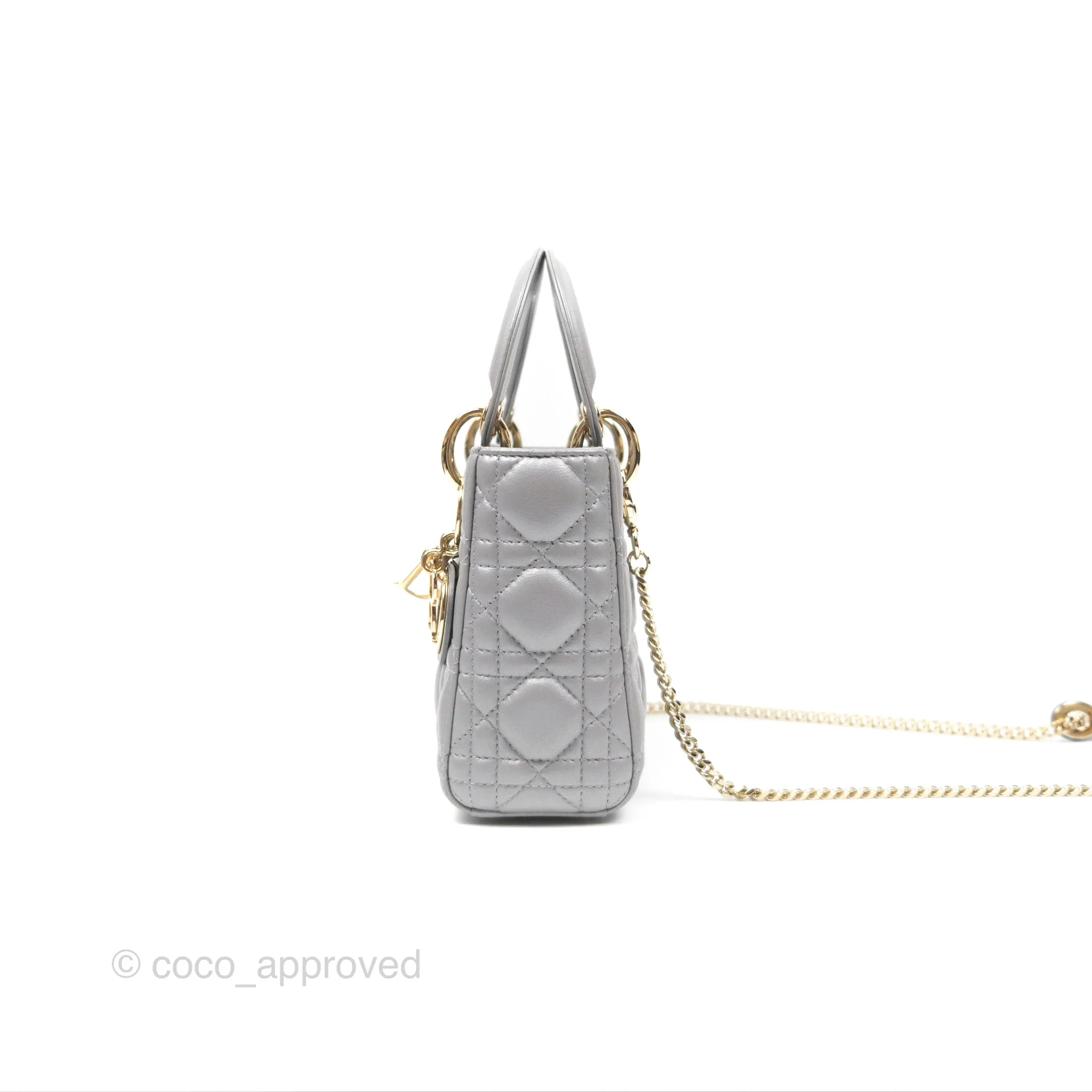 Christian Dior Lambskin Cannage Mini Lady Dior Iridescent Grey Gold Hardware