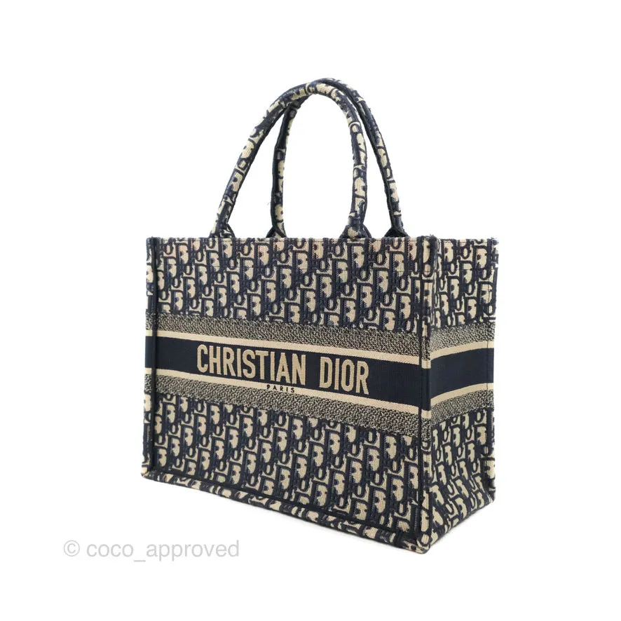 Christian Dior Medium Blue (Old Small) Dior Oblique Embroidery Canvas Book Tote
