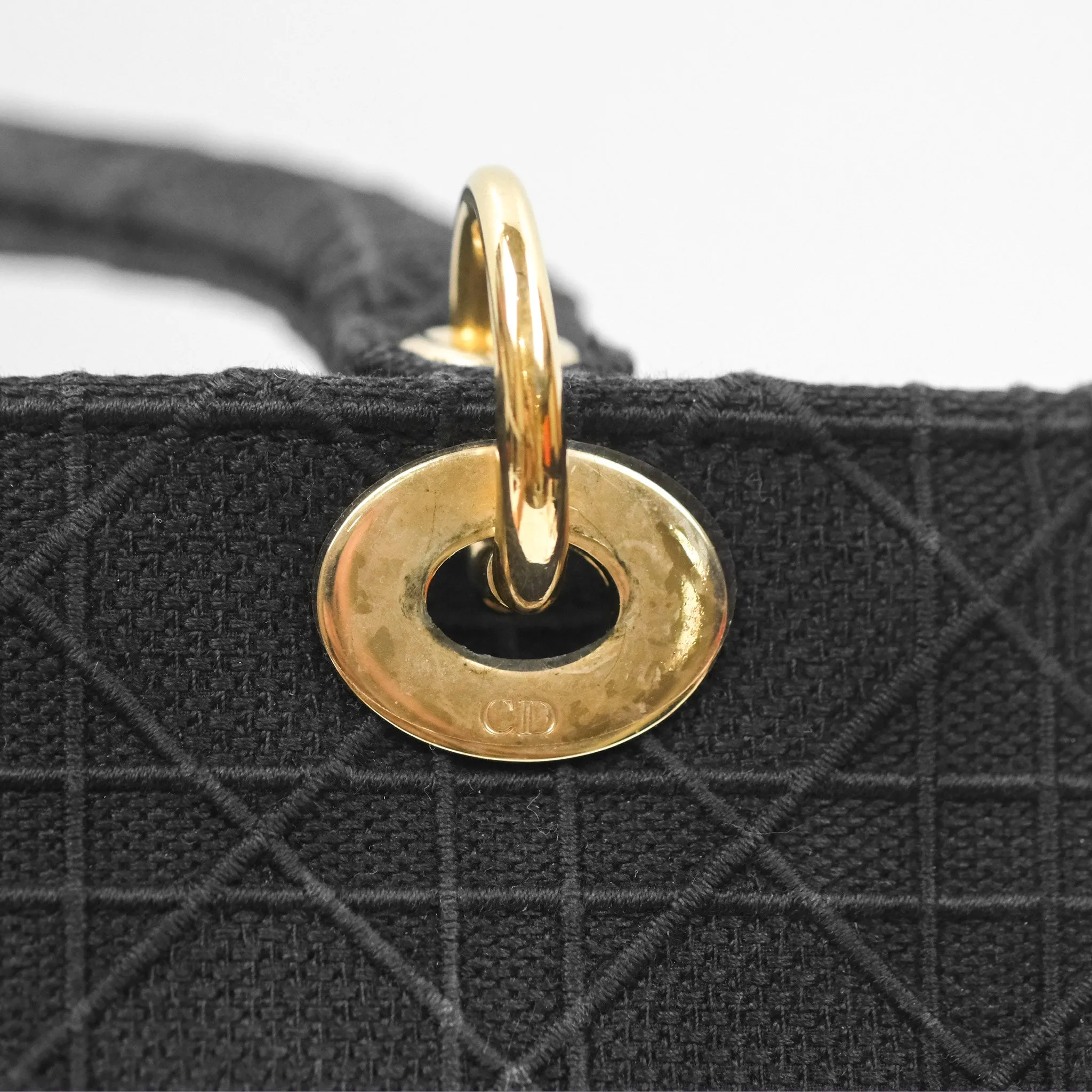 Christian Dior Medium Lady D-Lite Bag Black Cannage Embroidery Gold Hardware