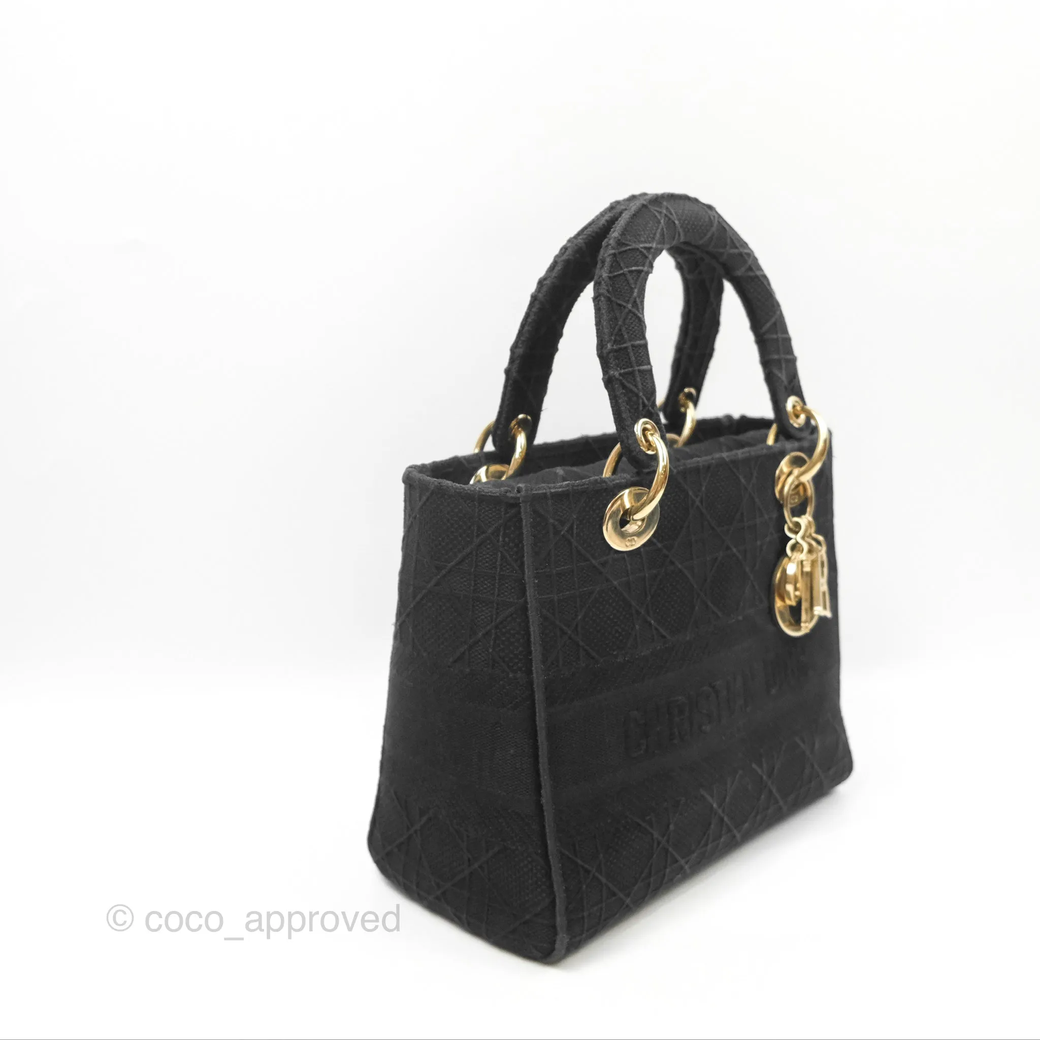 Christian Dior Medium Lady D-Lite Bag Black Cannage Embroidery Gold Hardware