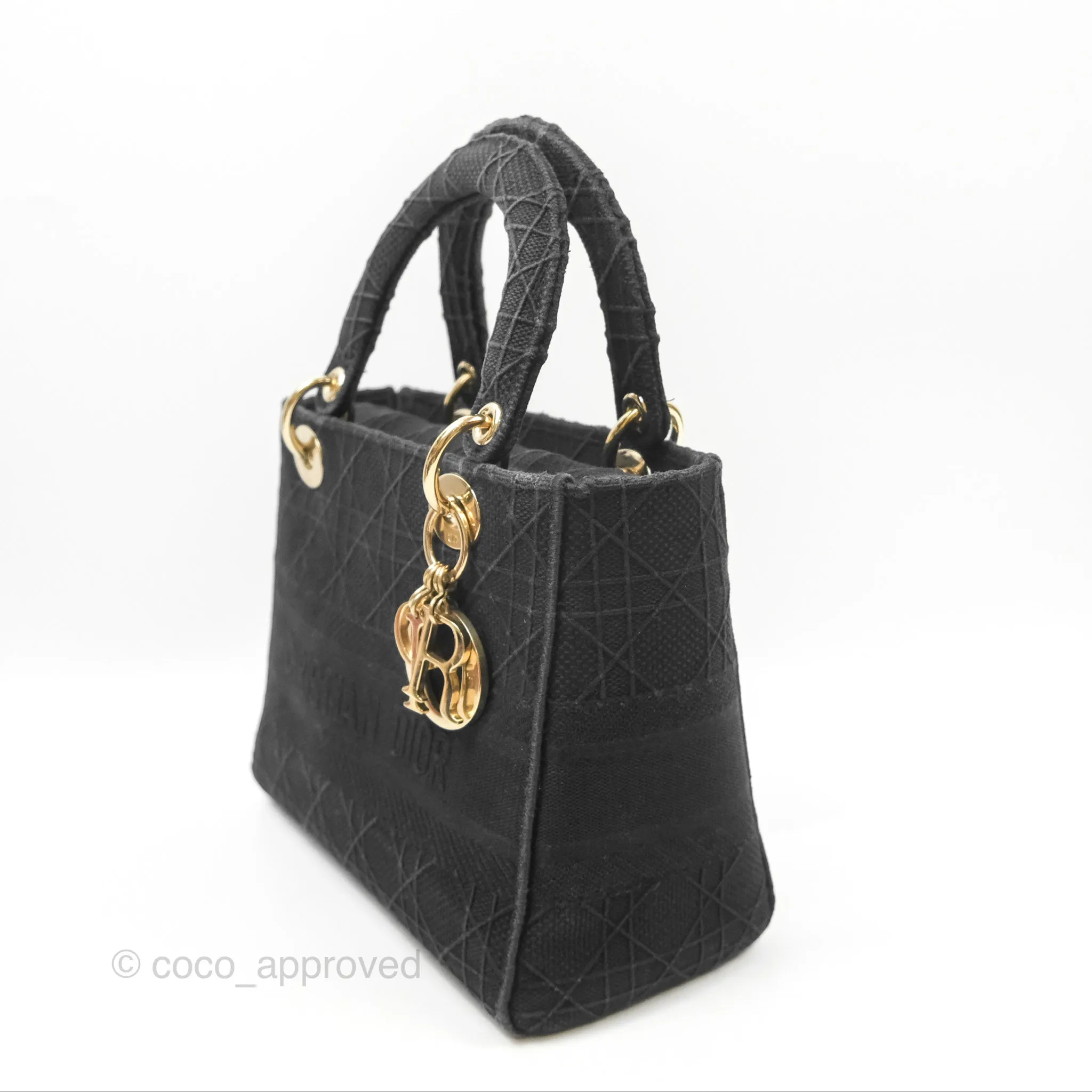 Christian Dior Medium Lady D-Lite Bag Black Cannage Embroidery Gold Hardware