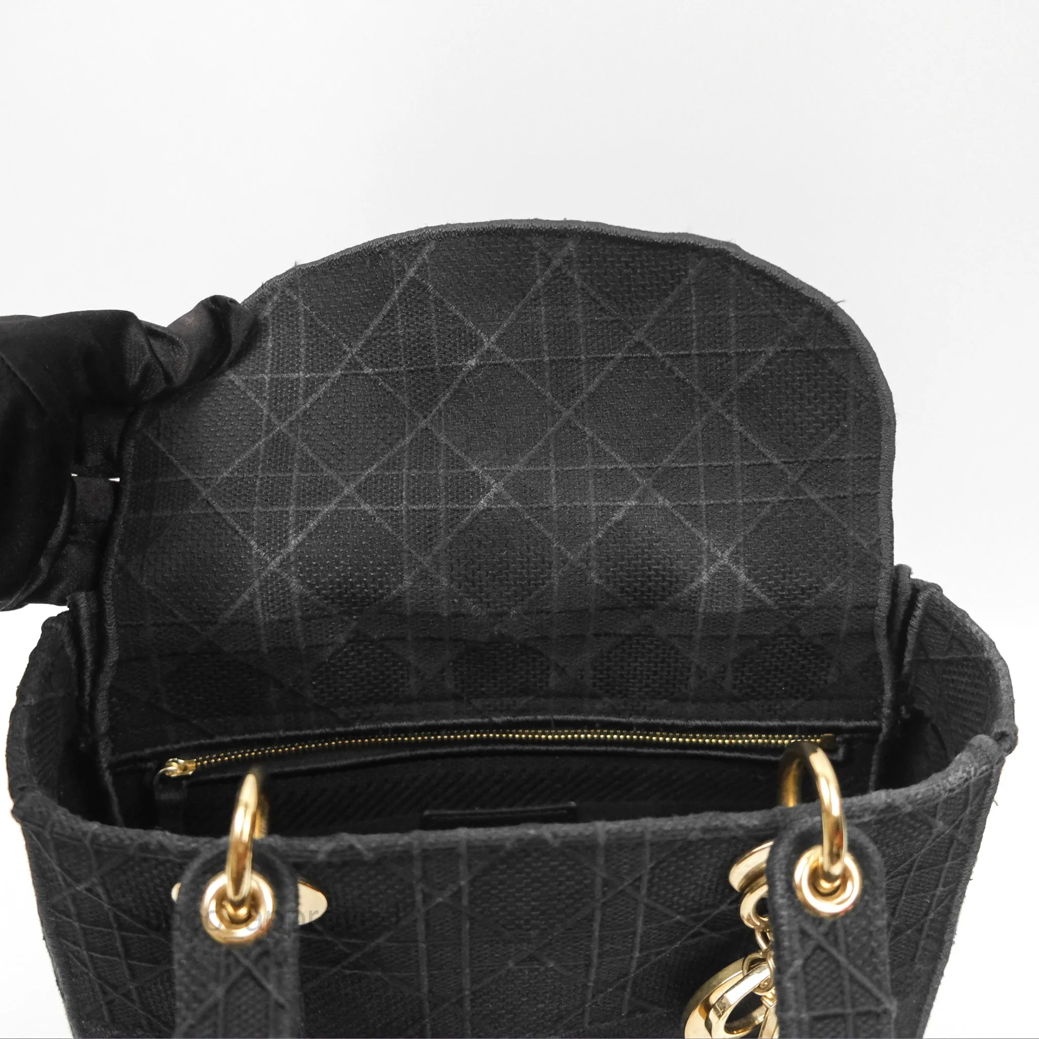 Christian Dior Medium Lady D-Lite Bag Black Cannage Embroidery Gold Hardware