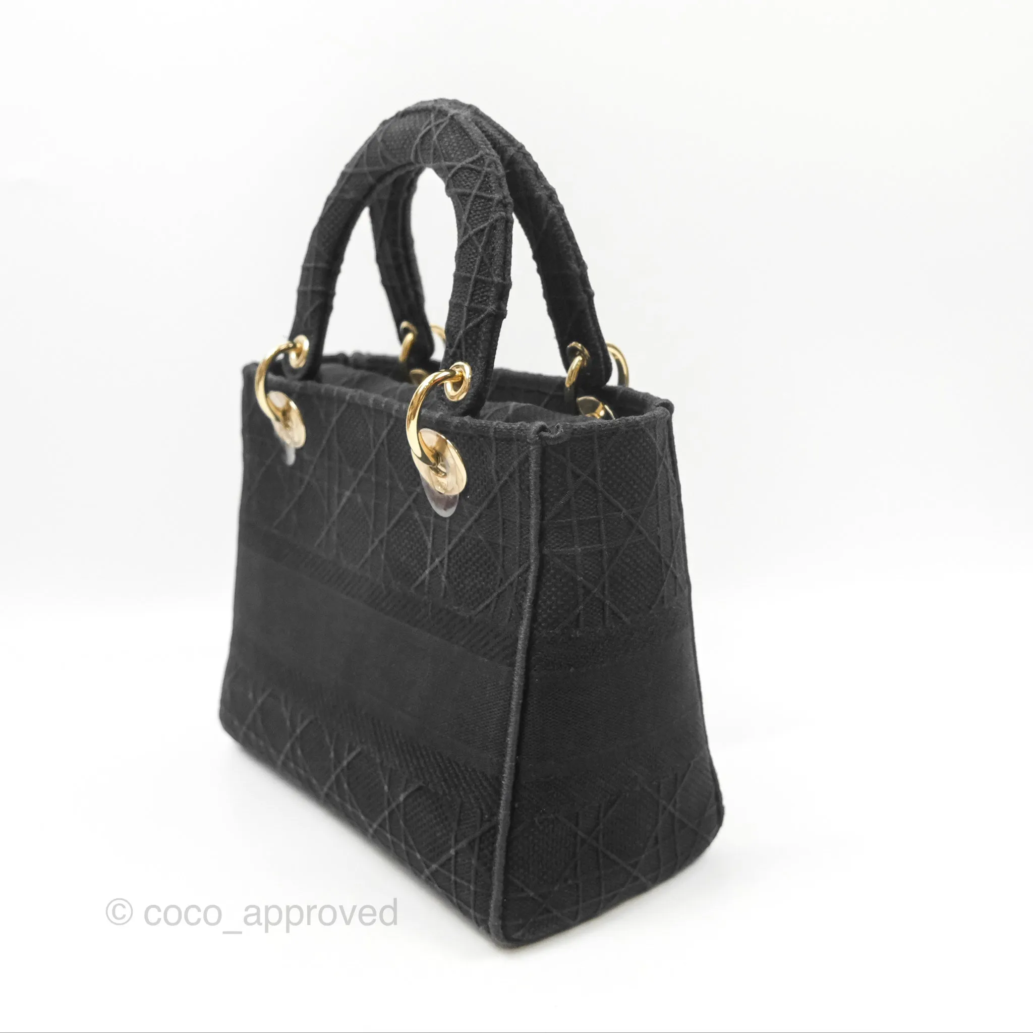 Christian Dior Medium Lady D-Lite Bag Black Cannage Embroidery Gold Hardware