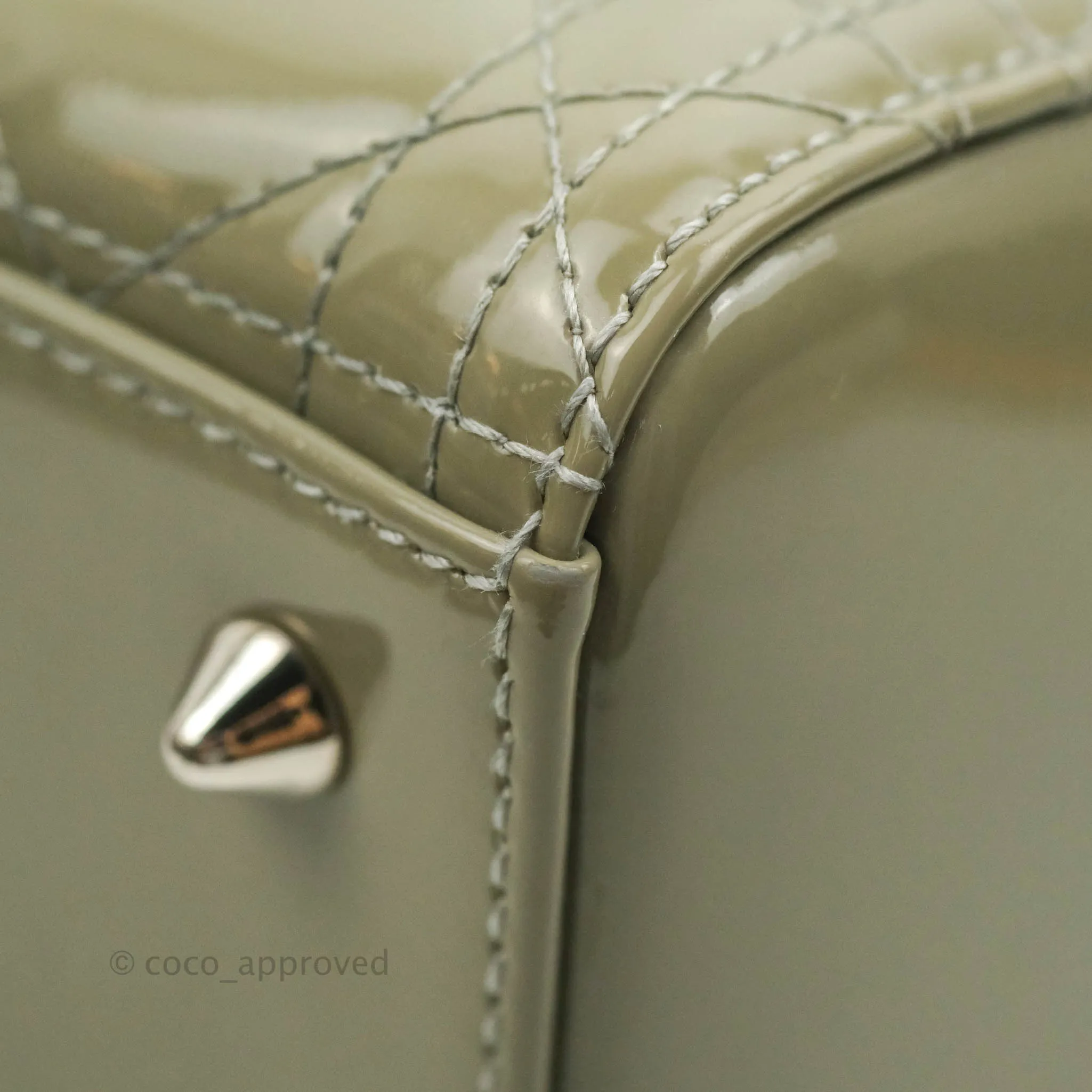 Christian Dior Medium Lady Dior Light Olive Patent Leather Silver Hardware