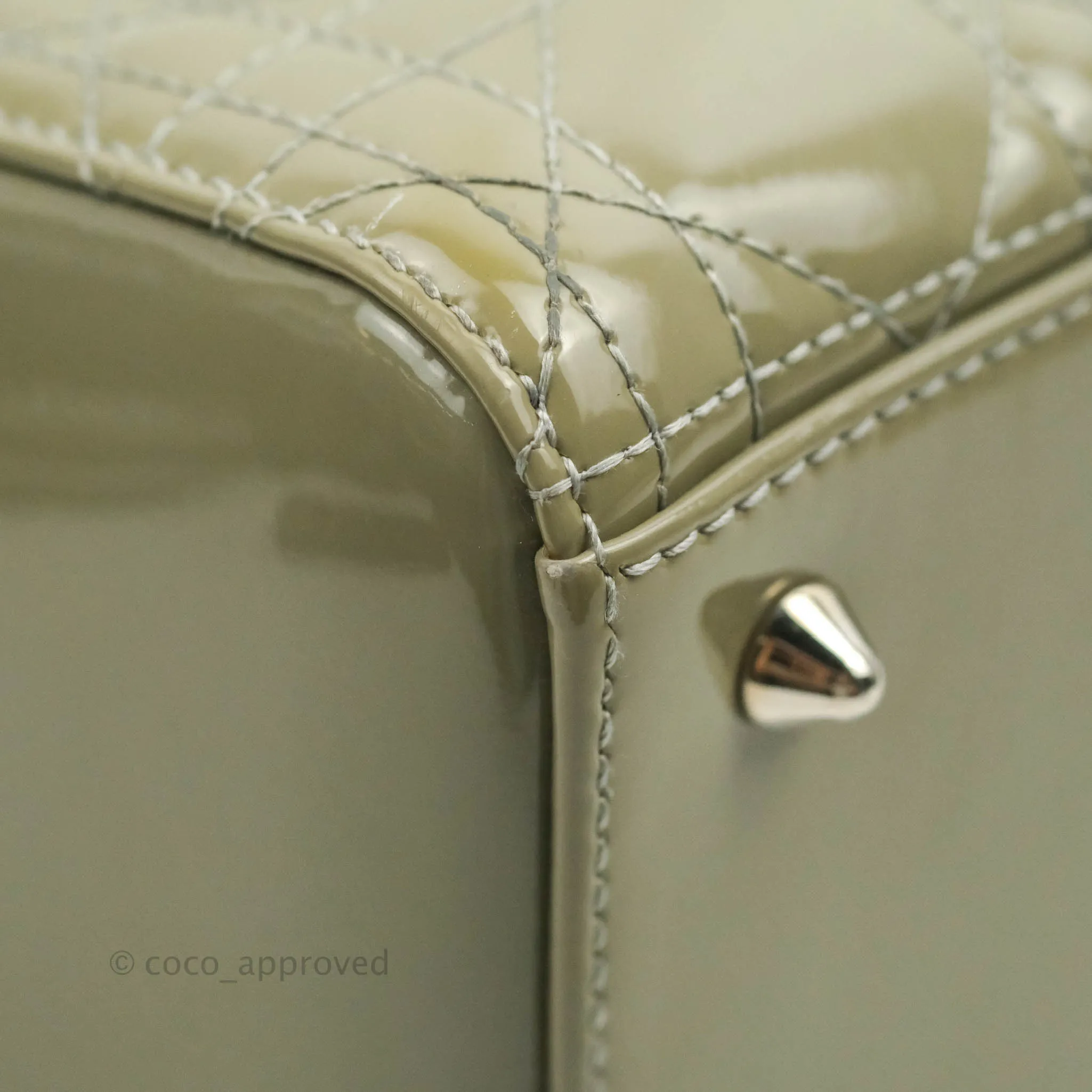 Christian Dior Medium Lady Dior Light Olive Patent Leather Silver Hardware