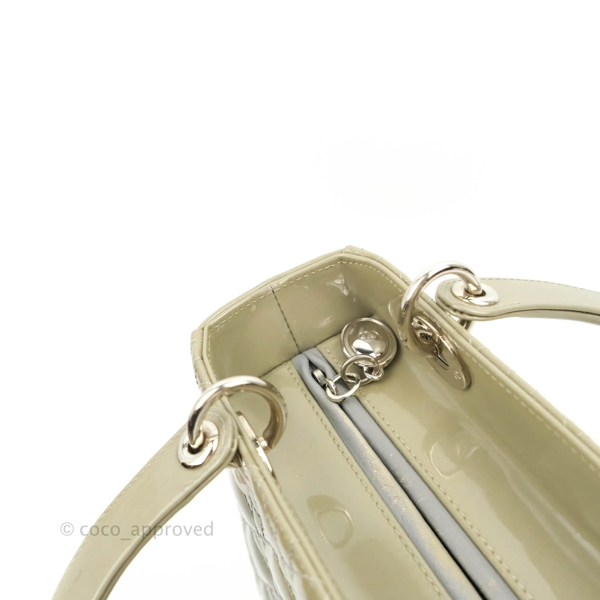 Christian Dior Medium Lady Dior Light Olive Patent Leather Silver Hardware