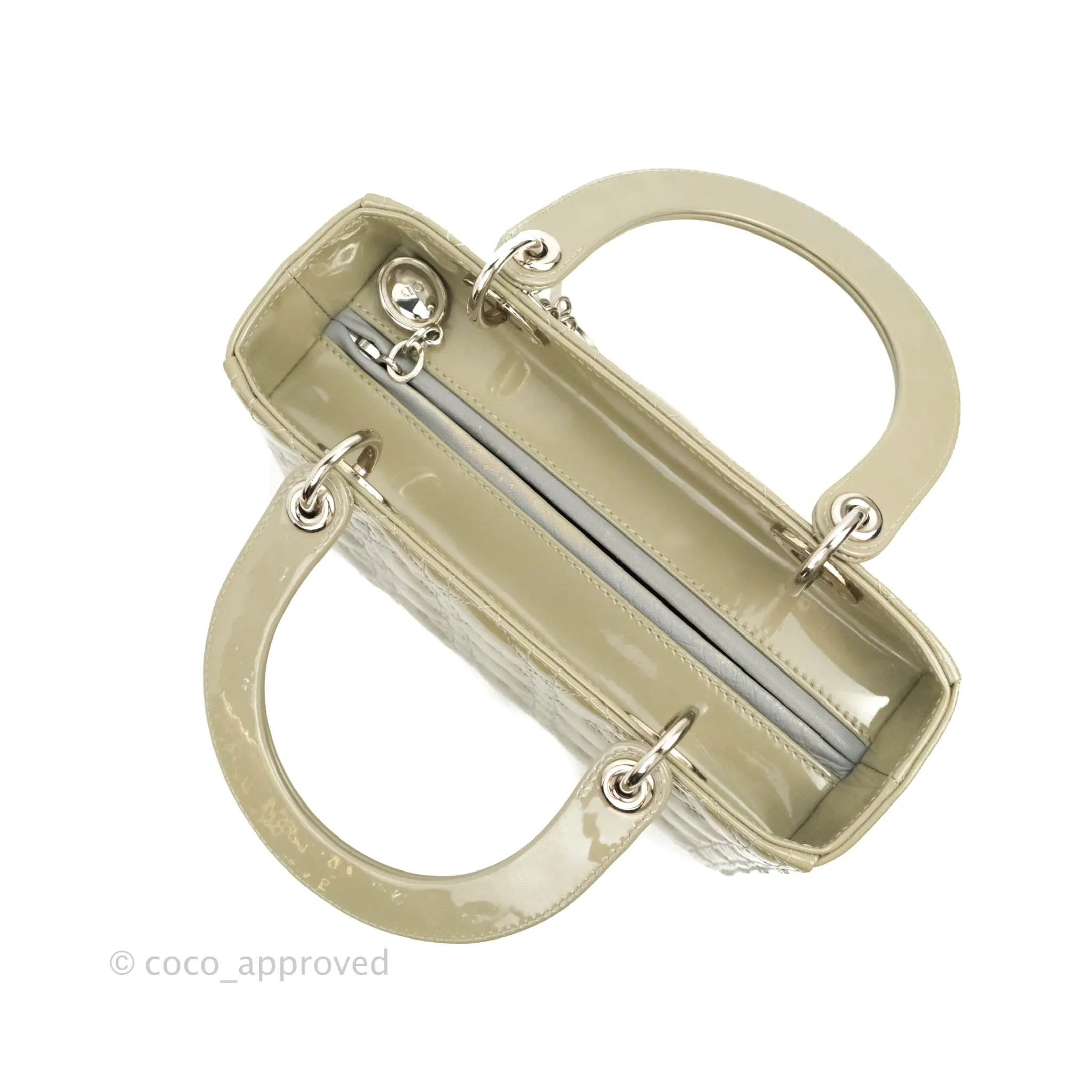 Christian Dior Medium Lady Dior Light Olive Patent Leather Silver Hardware