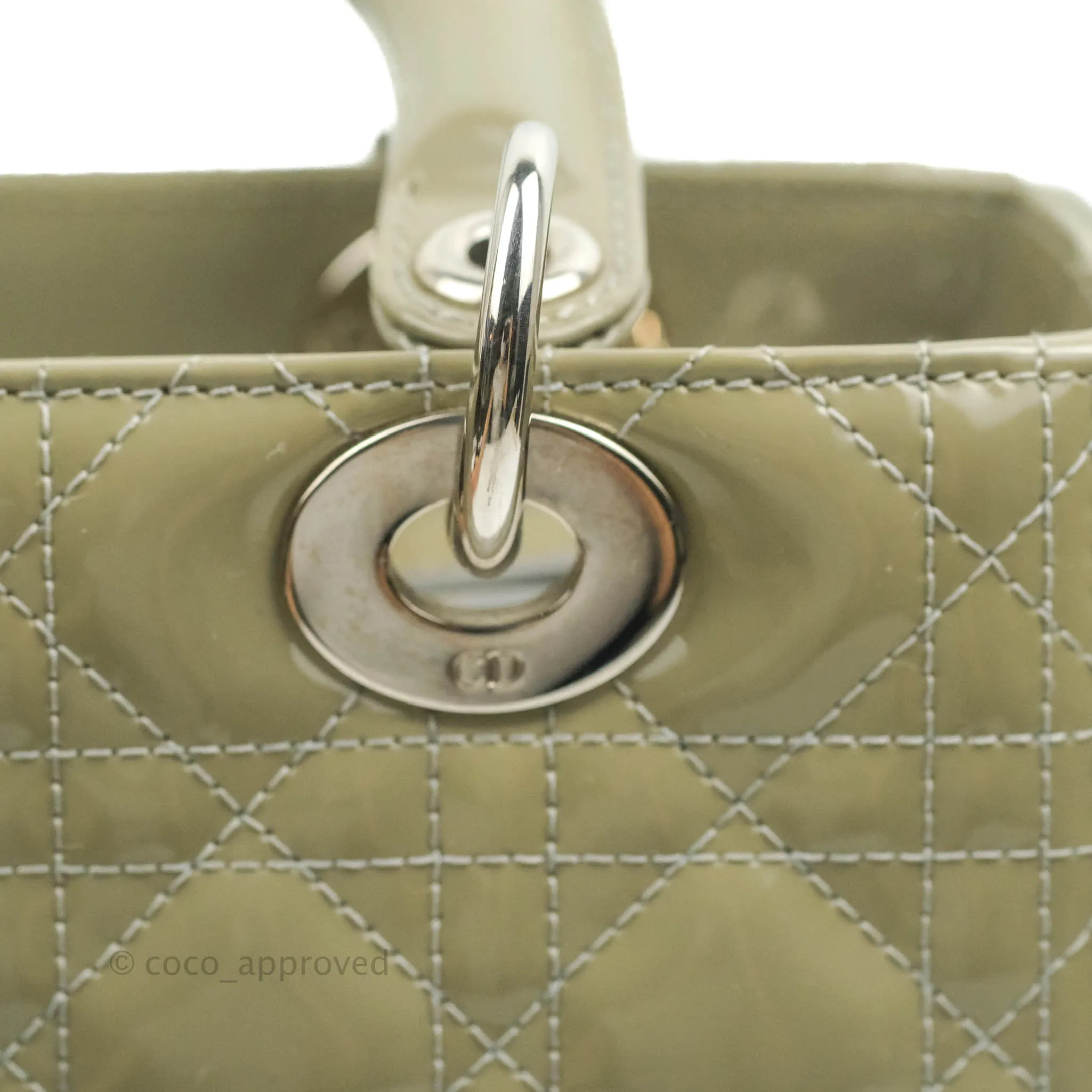Christian Dior Medium Lady Dior Light Olive Patent Leather Silver Hardware