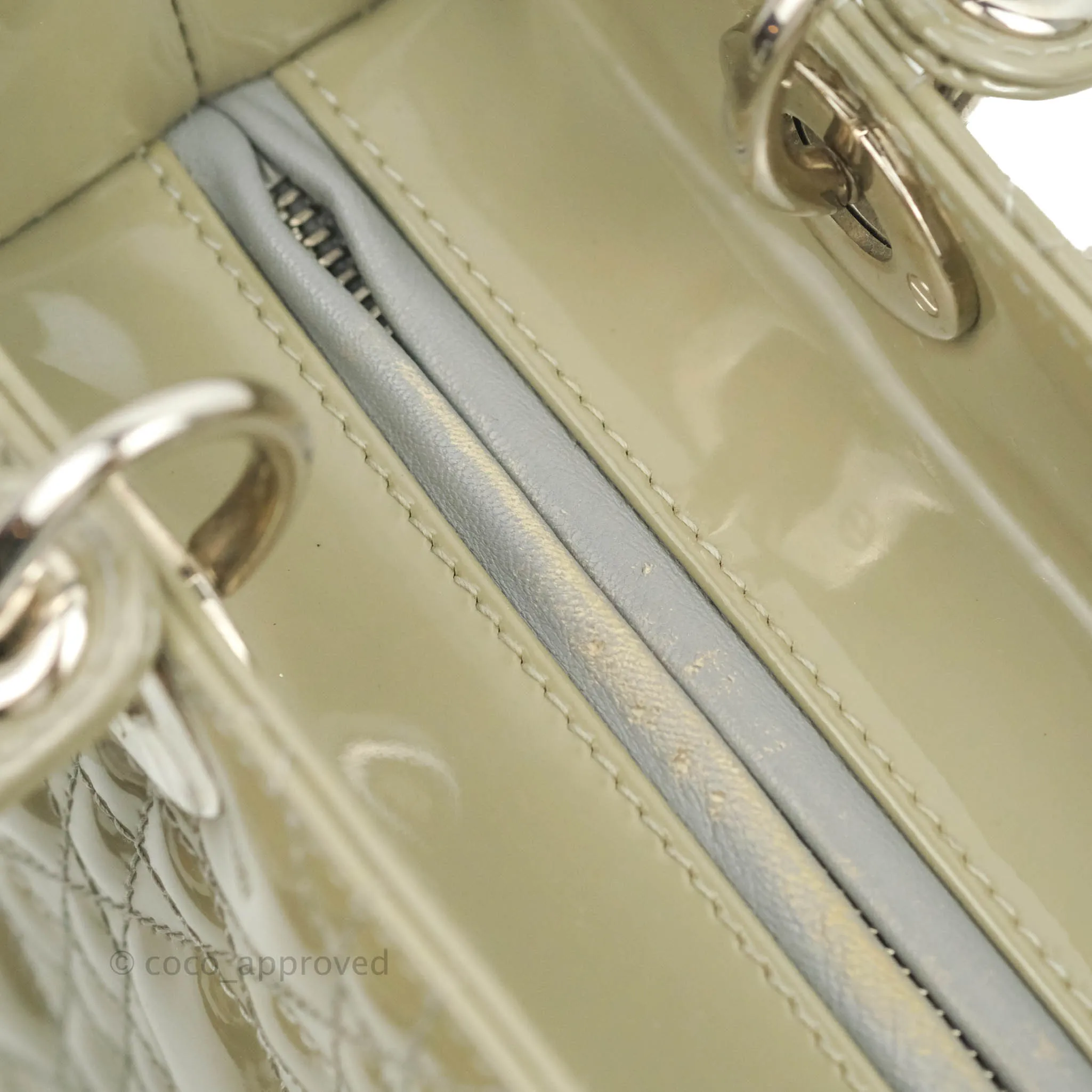 Christian Dior Medium Lady Dior Light Olive Patent Leather Silver Hardware