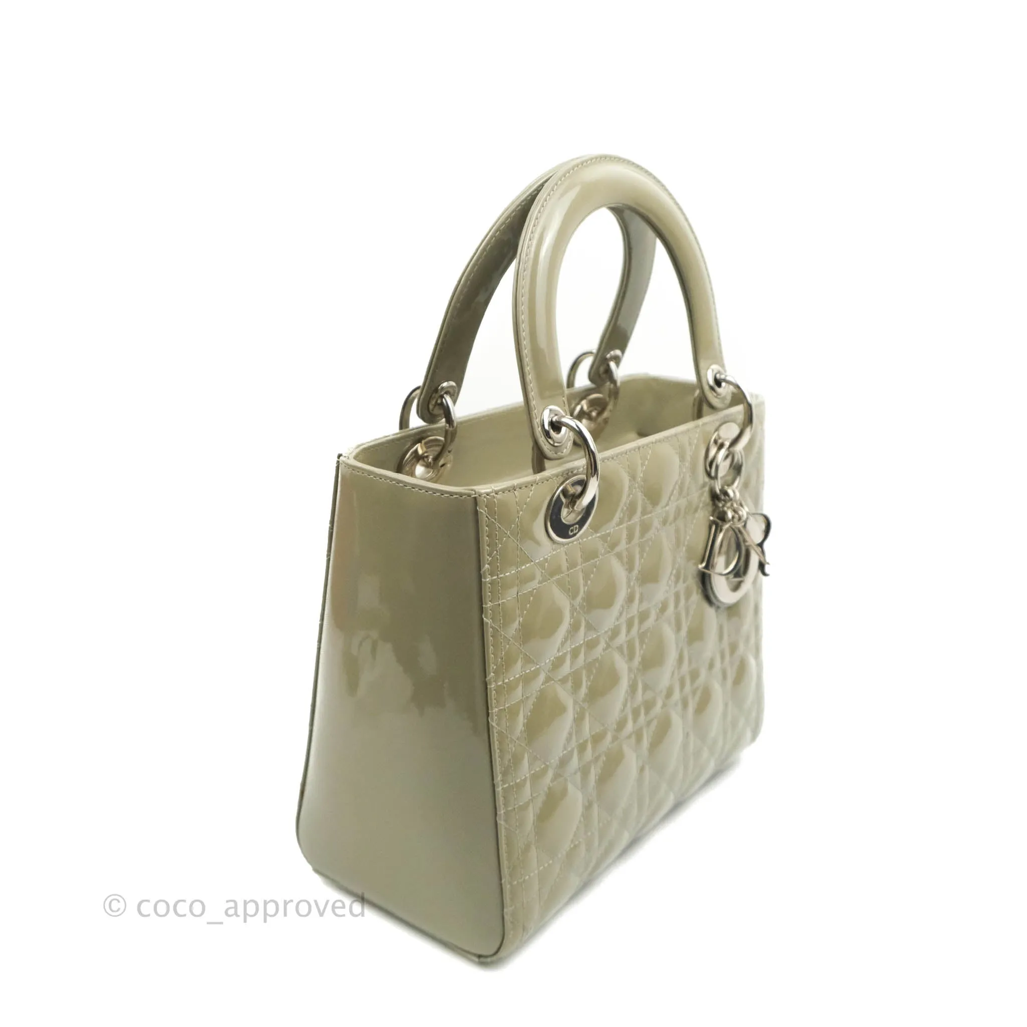 Christian Dior Medium Lady Dior Light Olive Patent Leather Silver Hardware