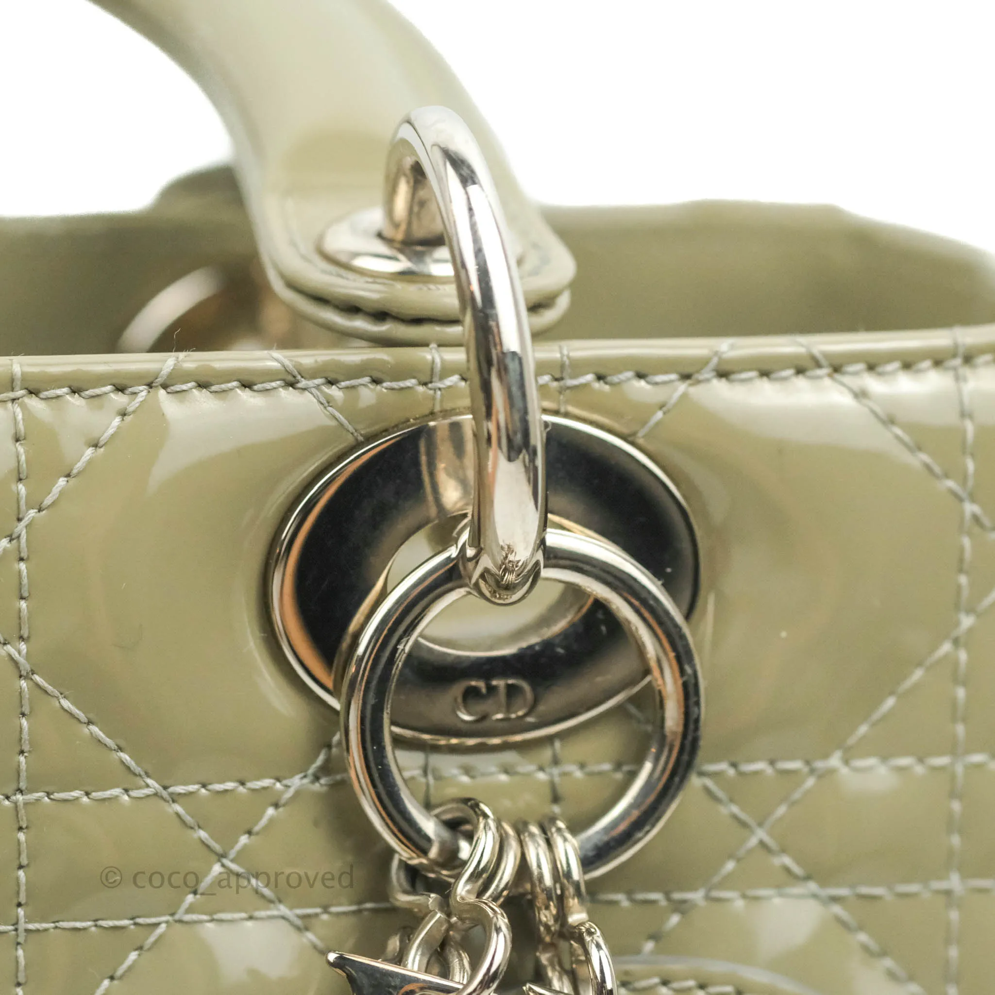 Christian Dior Medium Lady Dior Light Olive Patent Leather Silver Hardware