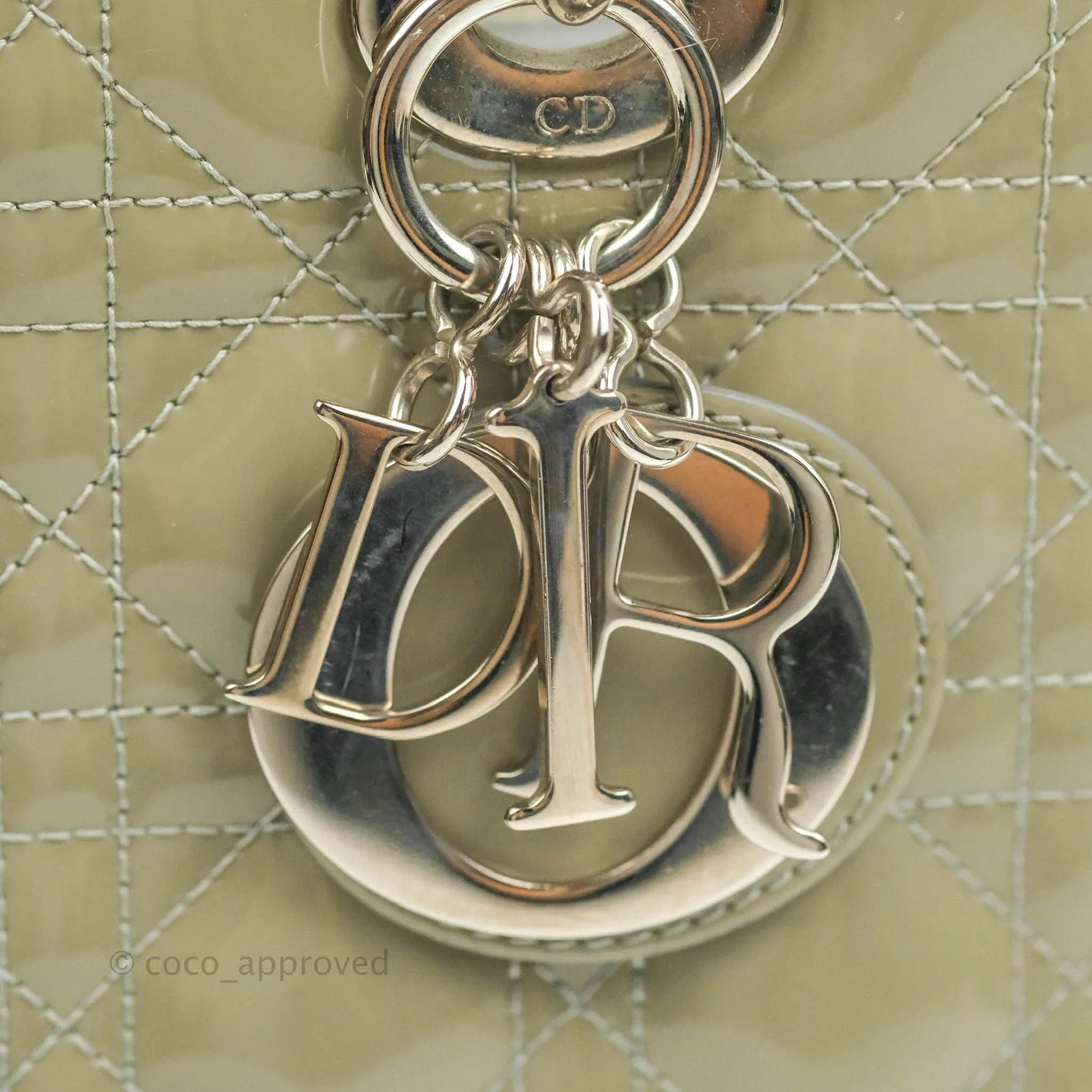 Christian Dior Medium Lady Dior Light Olive Patent Leather Silver Hardware