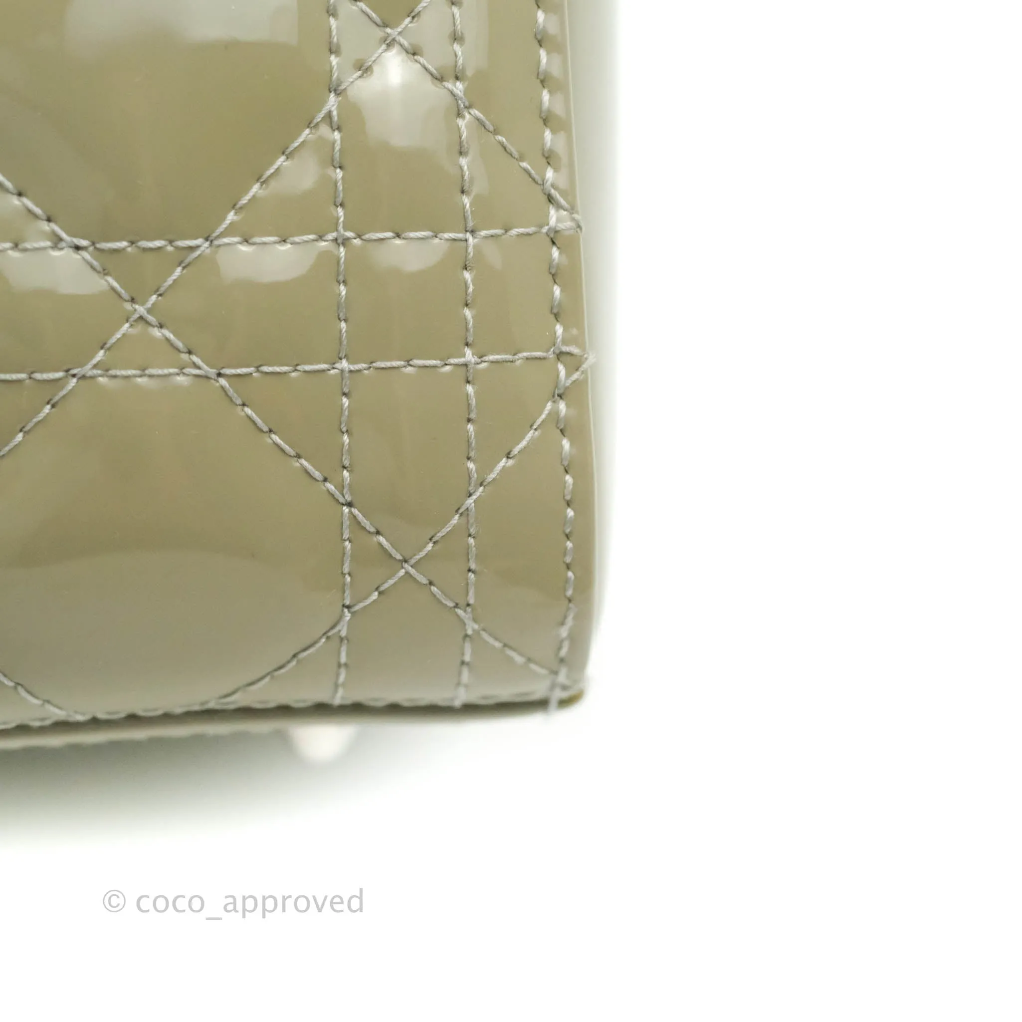 Christian Dior Medium Lady Dior Light Olive Patent Leather Silver Hardware