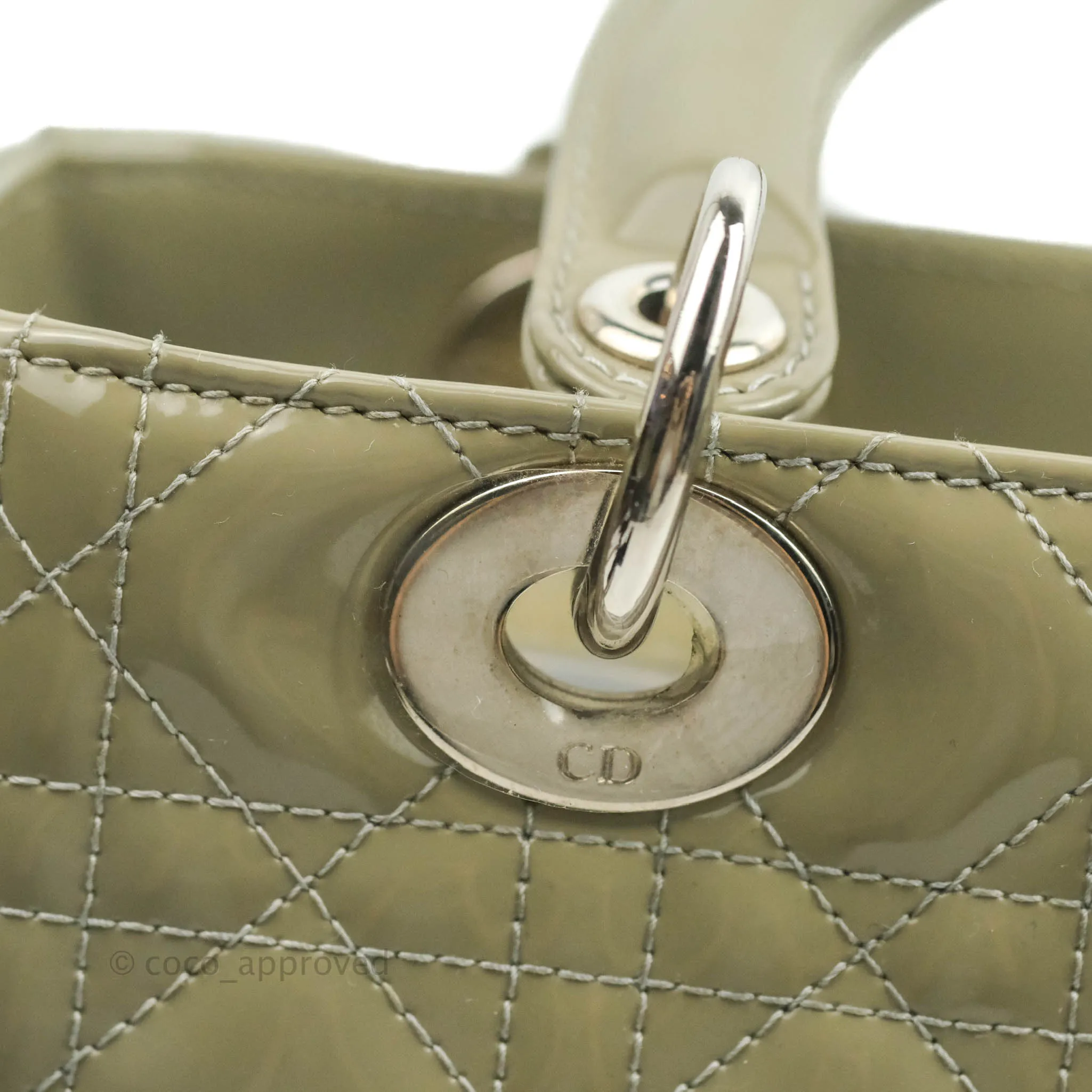 Christian Dior Medium Lady Dior Light Olive Patent Leather Silver Hardware