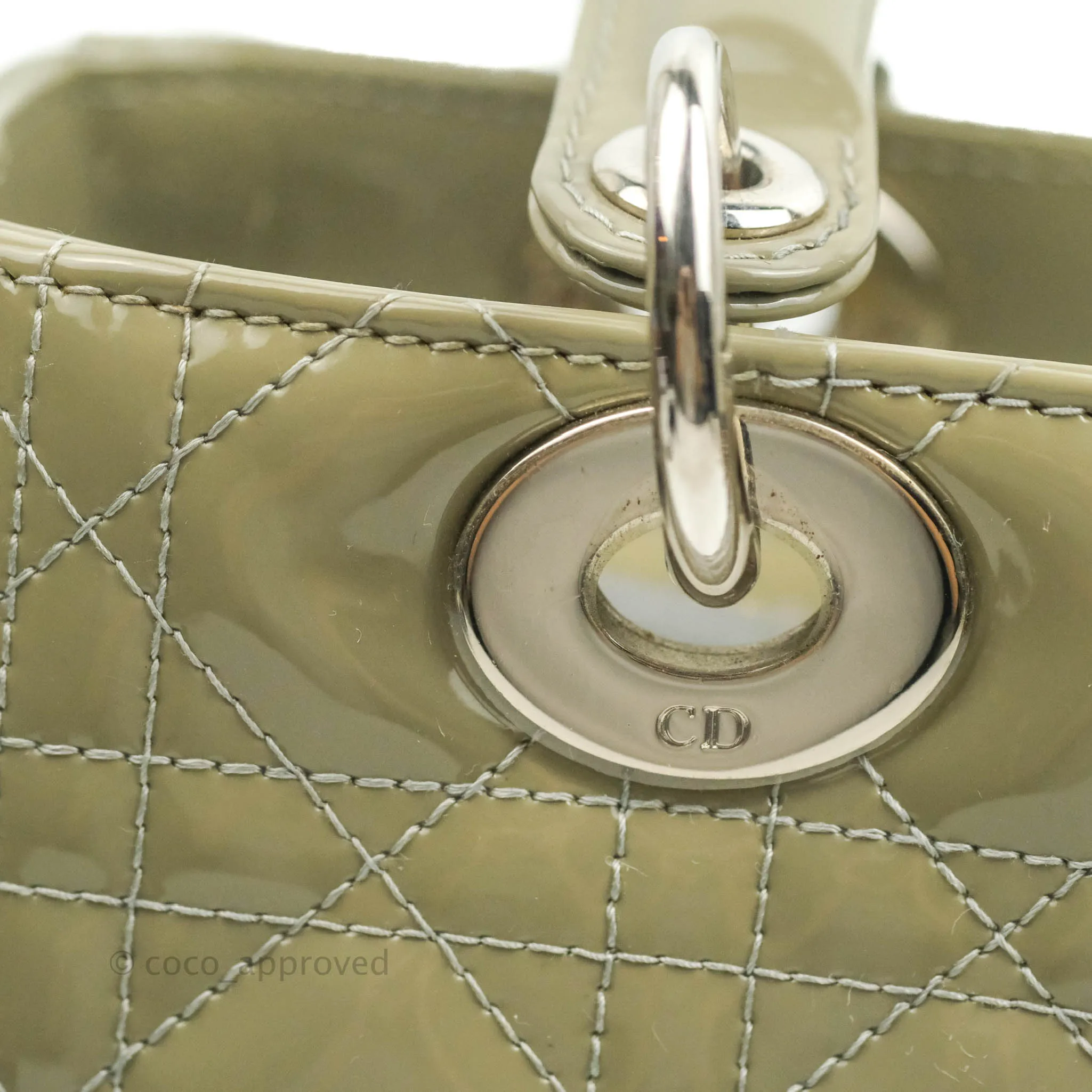 Christian Dior Medium Lady Dior Light Olive Patent Leather Silver Hardware
