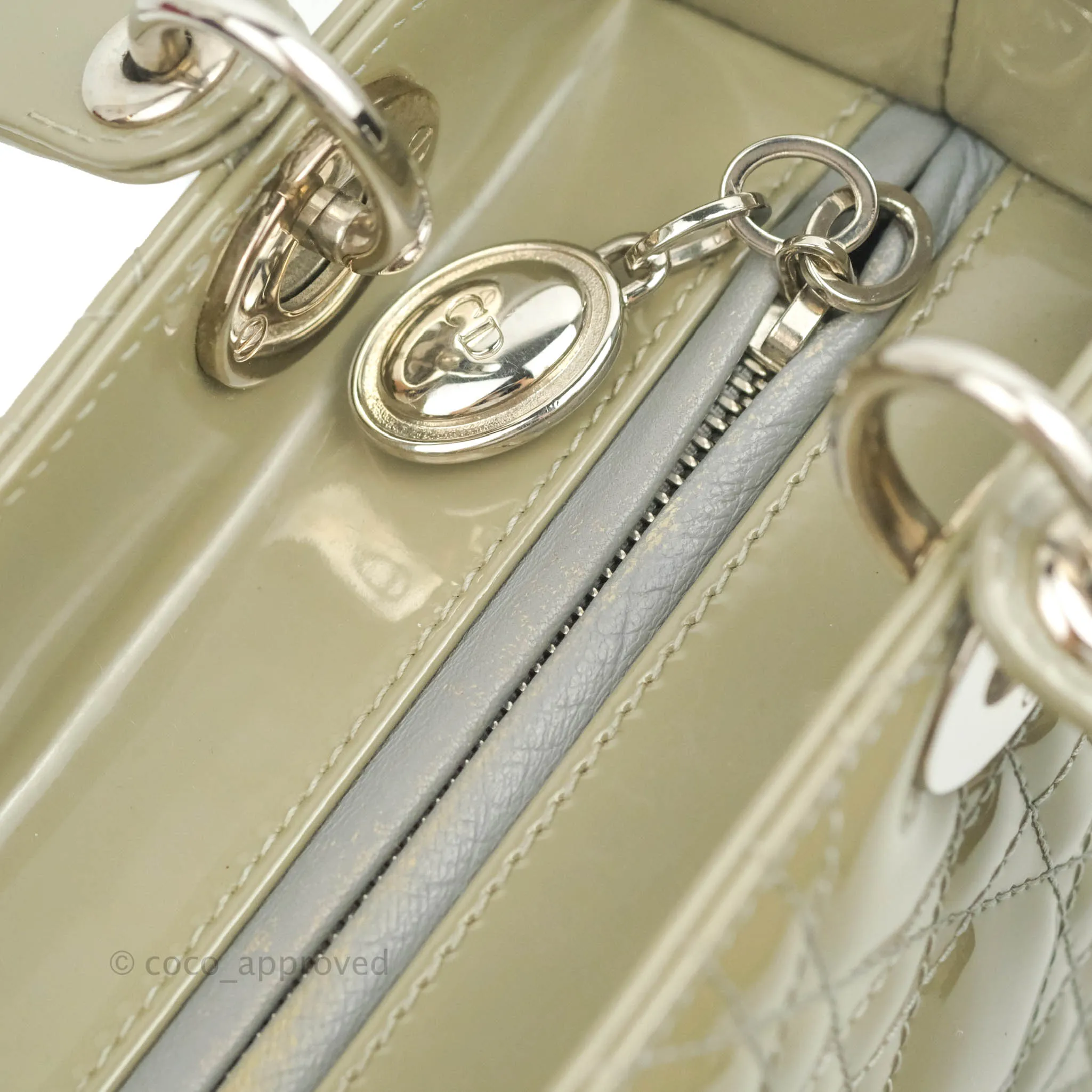 Christian Dior Medium Lady Dior Light Olive Patent Leather Silver Hardware