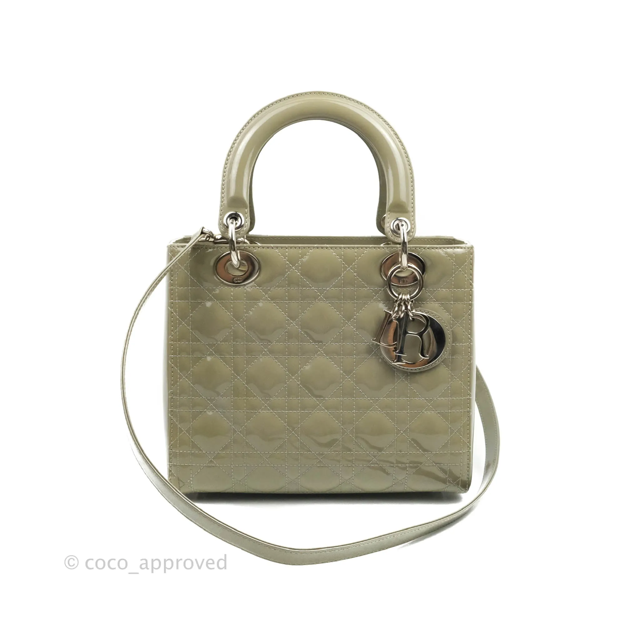 Christian Dior Medium Lady Dior Light Olive Patent Leather Silver Hardware