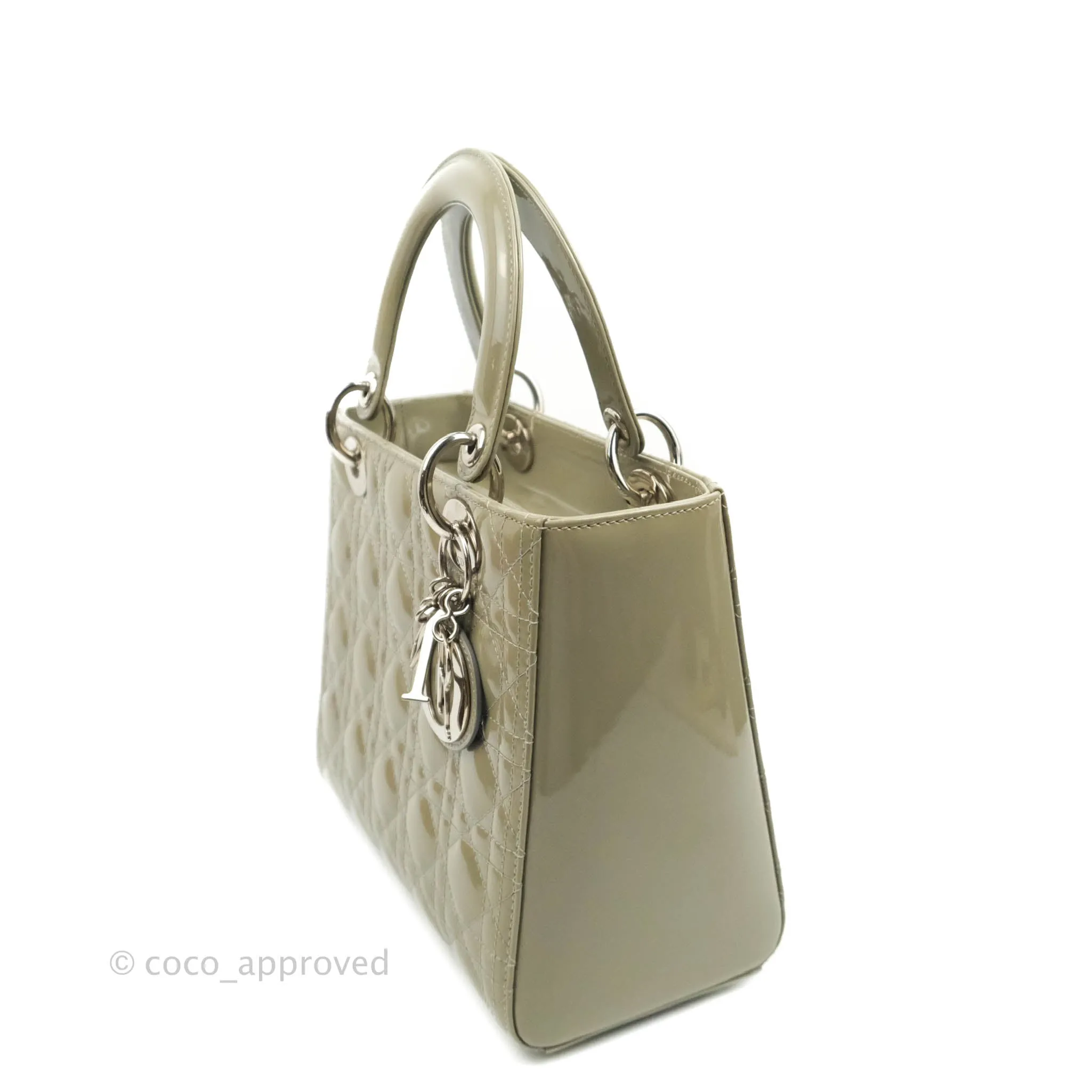 Christian Dior Medium Lady Dior Light Olive Patent Leather Silver Hardware