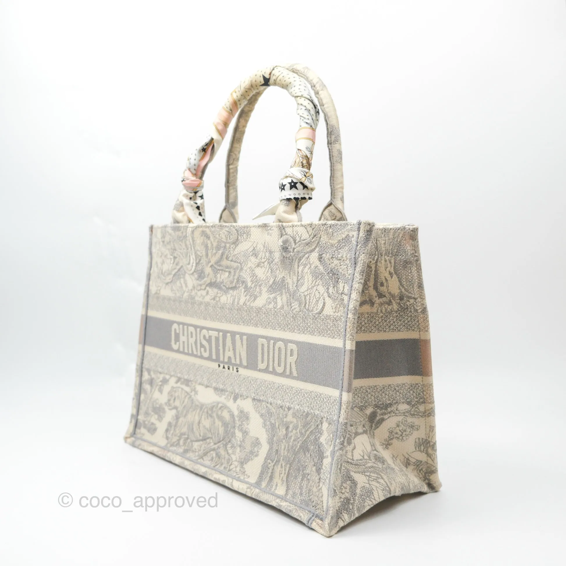 Christian Dior Medium (Old Small) Book Tote Embroidered Toile De Jouy Light Grey Canvas