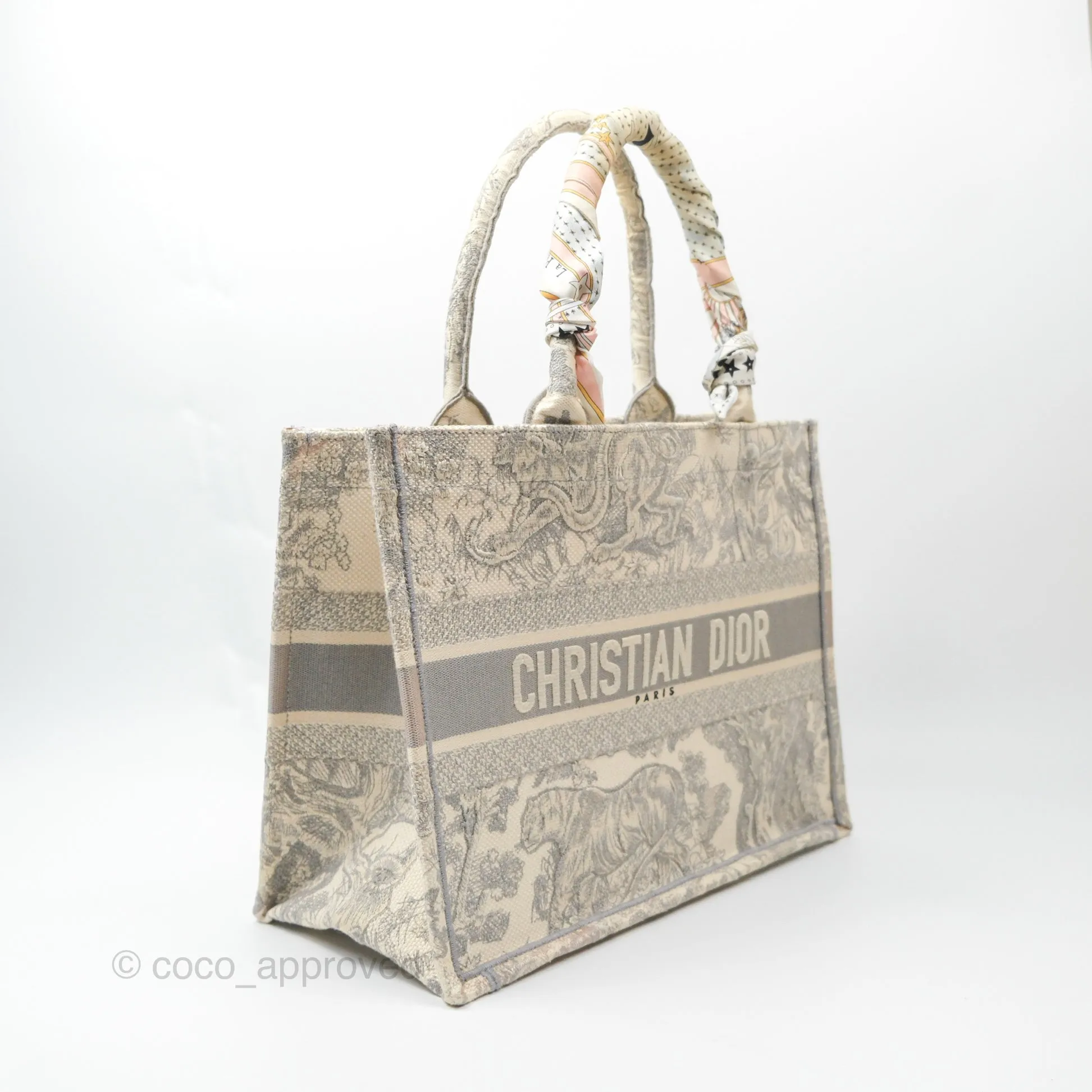 Christian Dior Medium (Old Small) Book Tote Embroidered Toile De Jouy Light Grey Canvas