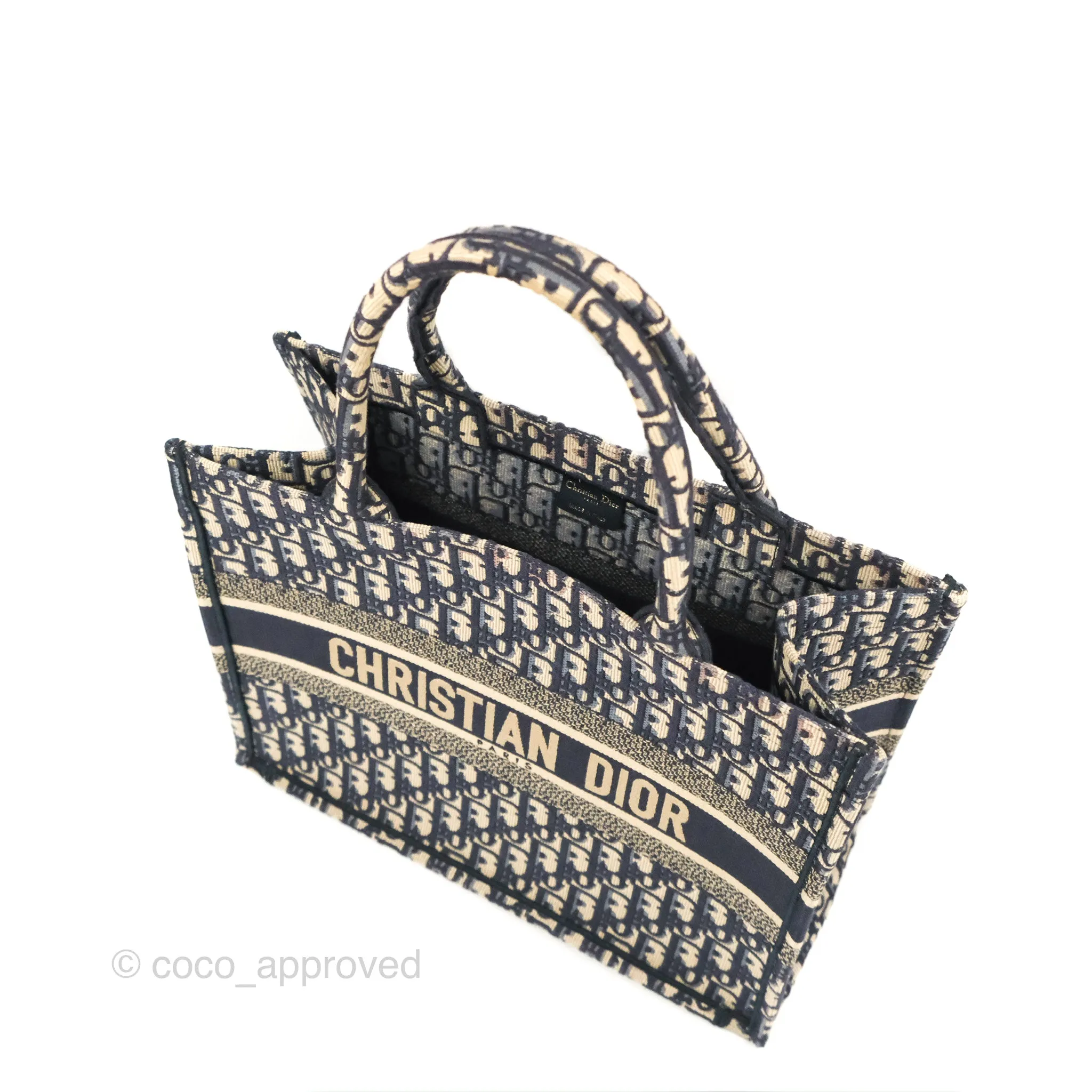 Christian Dior Medium (Old Small) Dior Navy Oblique Embroidery Canvas Book Tote