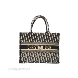 Christian Dior Medium (Old Small) Dior Navy Oblique Embroidery Canvas Book Tote