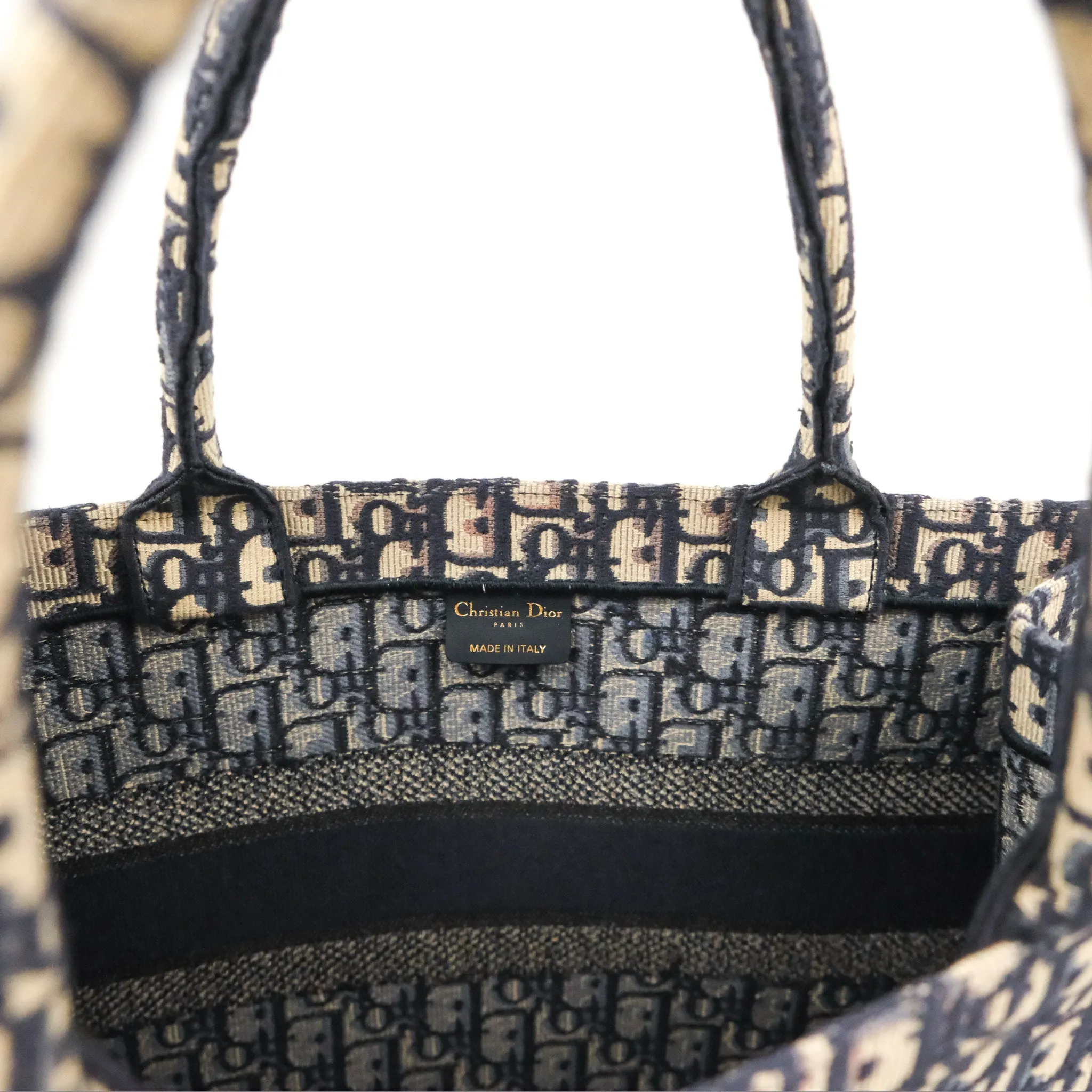 Christian Dior Medium (Old Small) Dior Navy Oblique Embroidery Canvas Book Tote