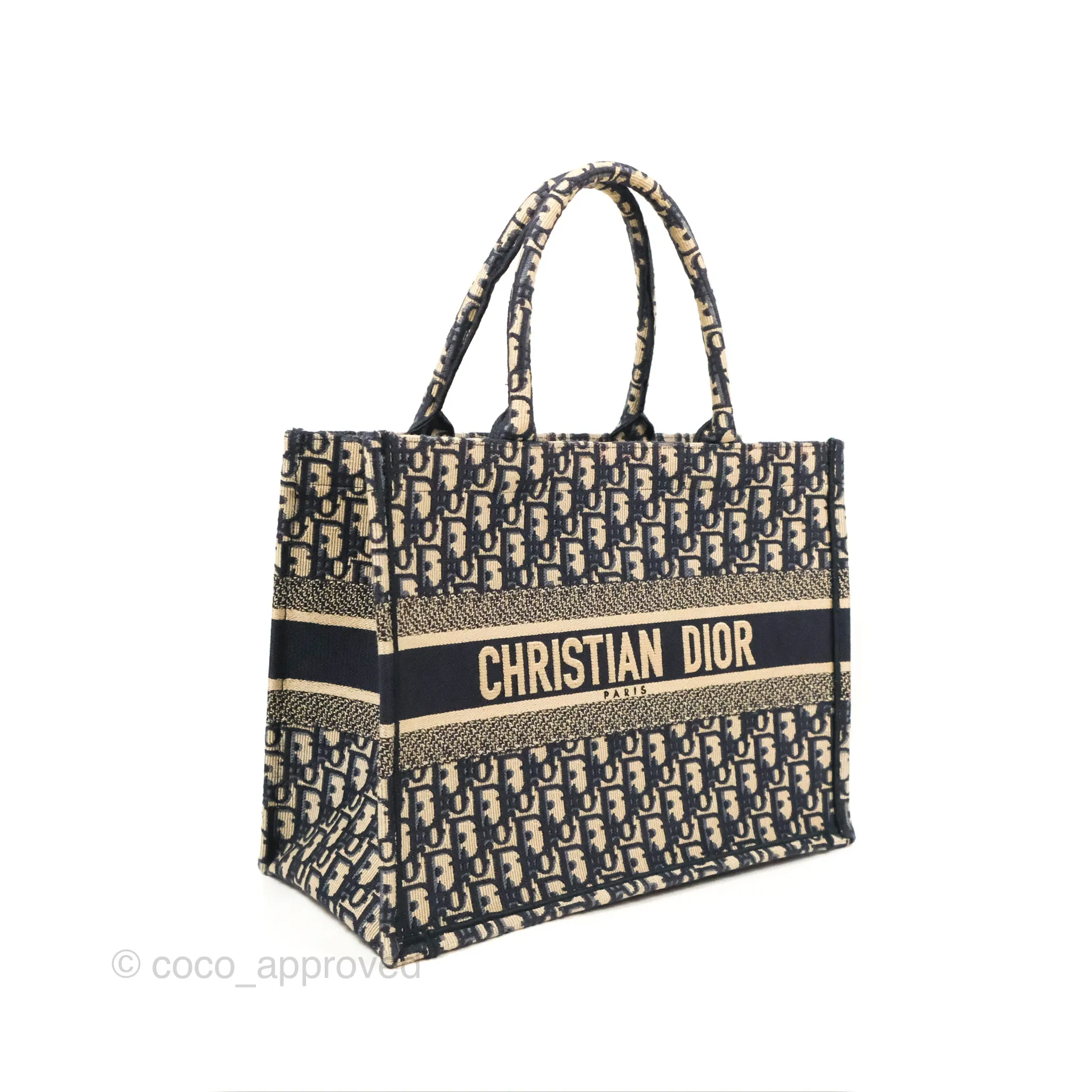 Christian Dior Medium (Old Small) Dior Navy Oblique Embroidery Canvas Book Tote