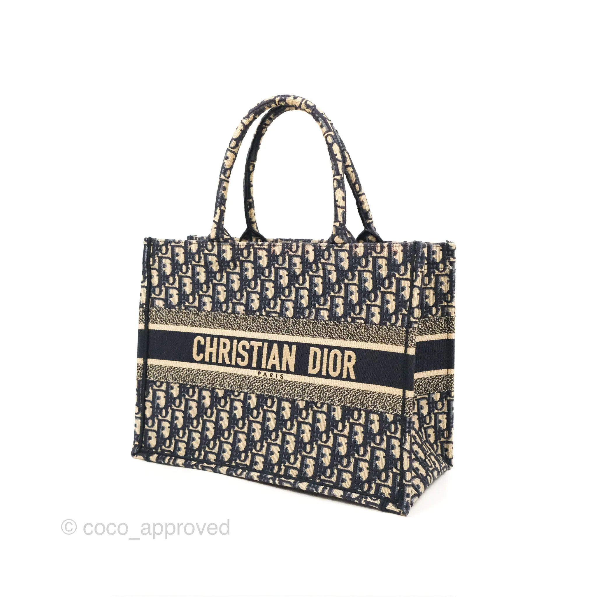 Christian Dior Medium (Old Small) Dior Navy Oblique Embroidery Canvas Book Tote