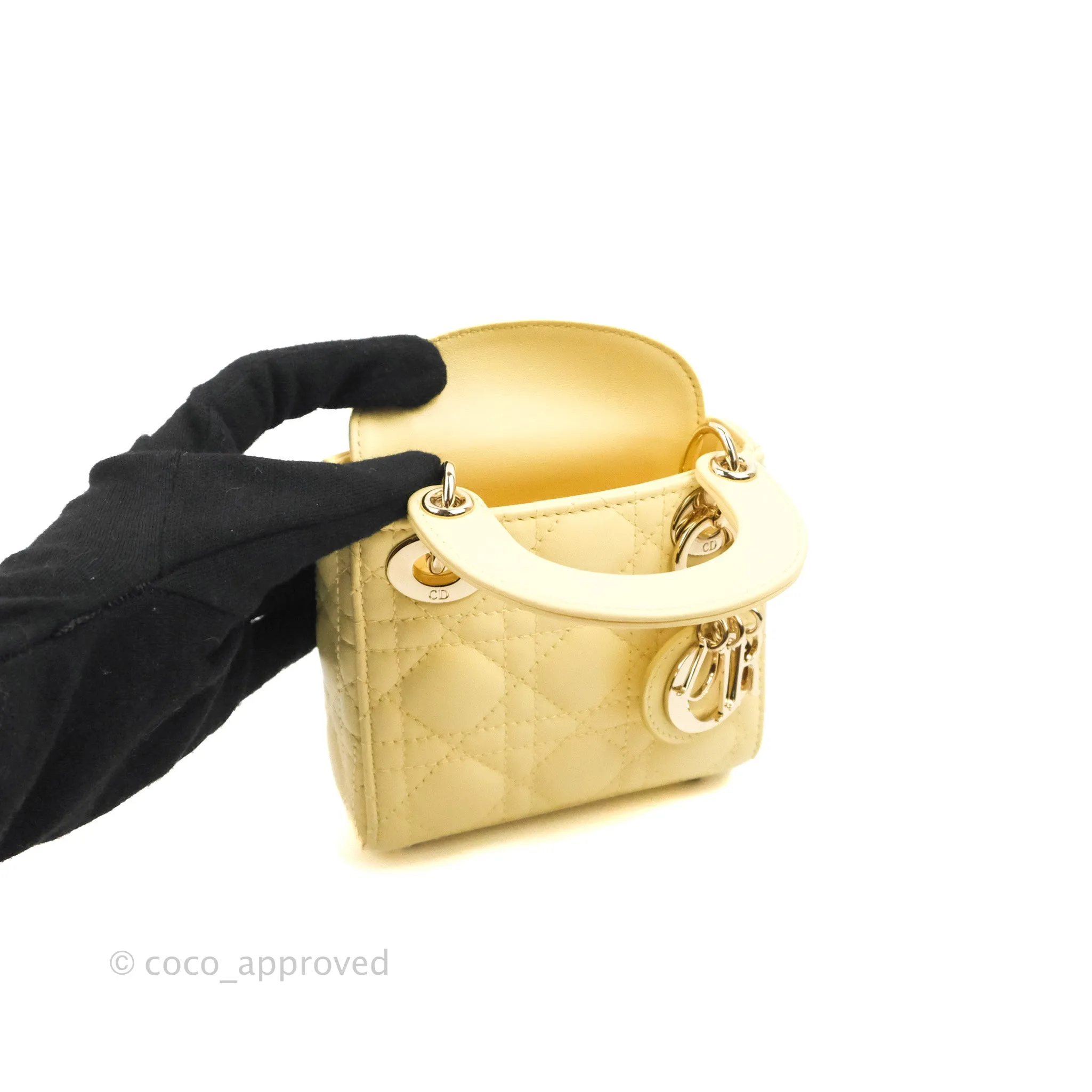 Christian Dior Micro Lady Dior Cannage Pale Yellow Lambskin Gold Hardware